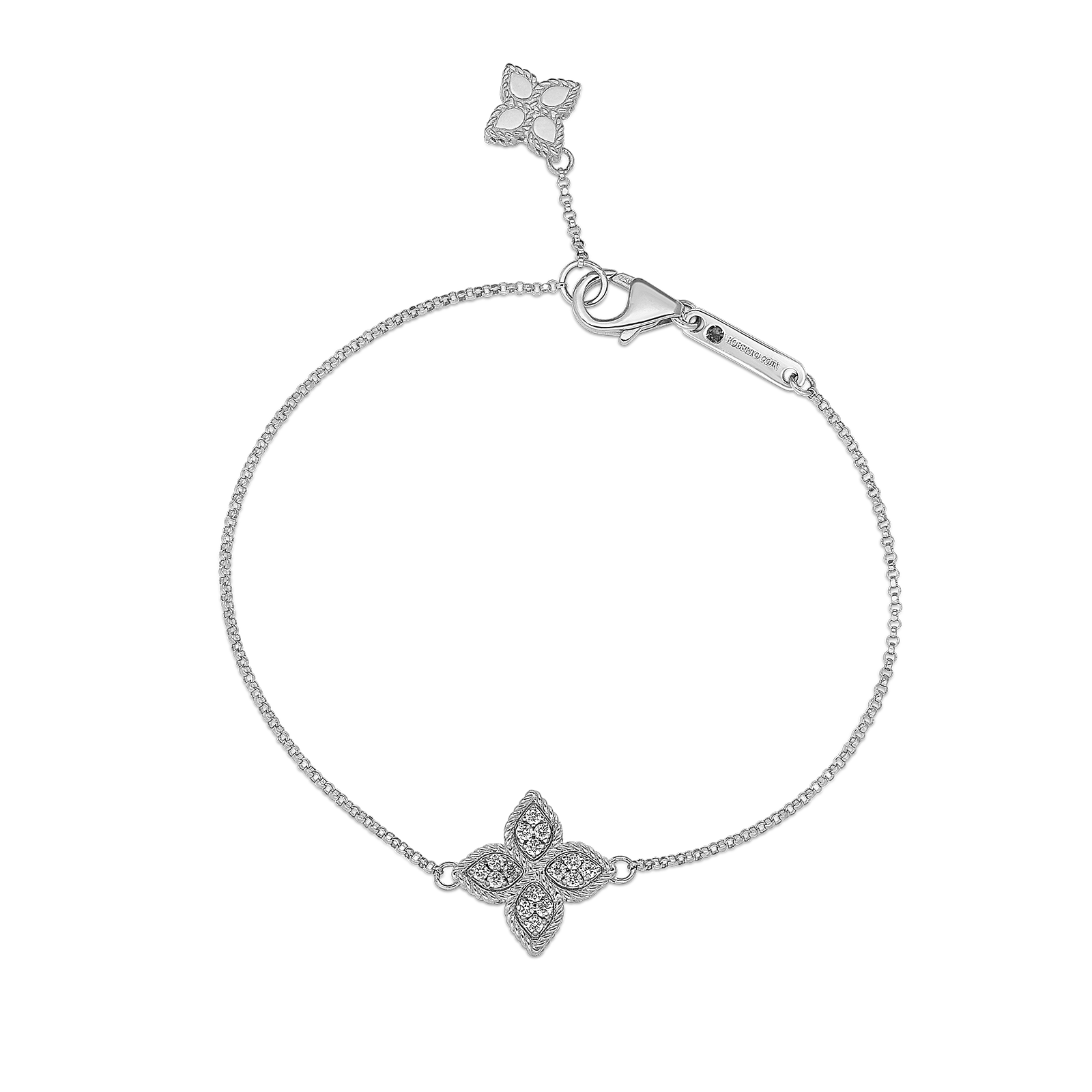 18K WHITE GOLD PRINCESS FLOWER PAVE DIAMOND CHARM BRACELET