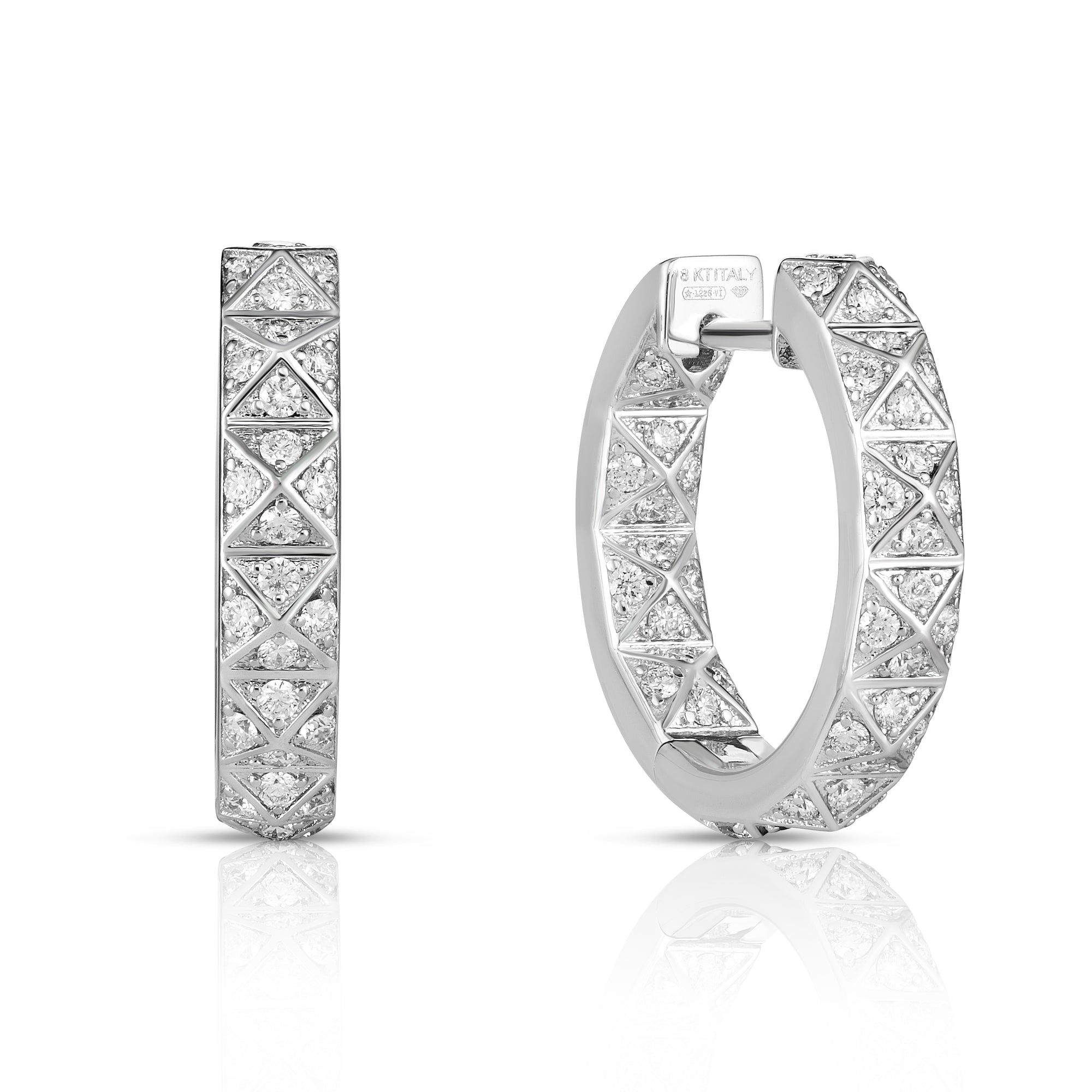 18K WHITE GOLD OBELISCO SINGLE ROW PAVE DIAMOND HOOP EARRINGS
