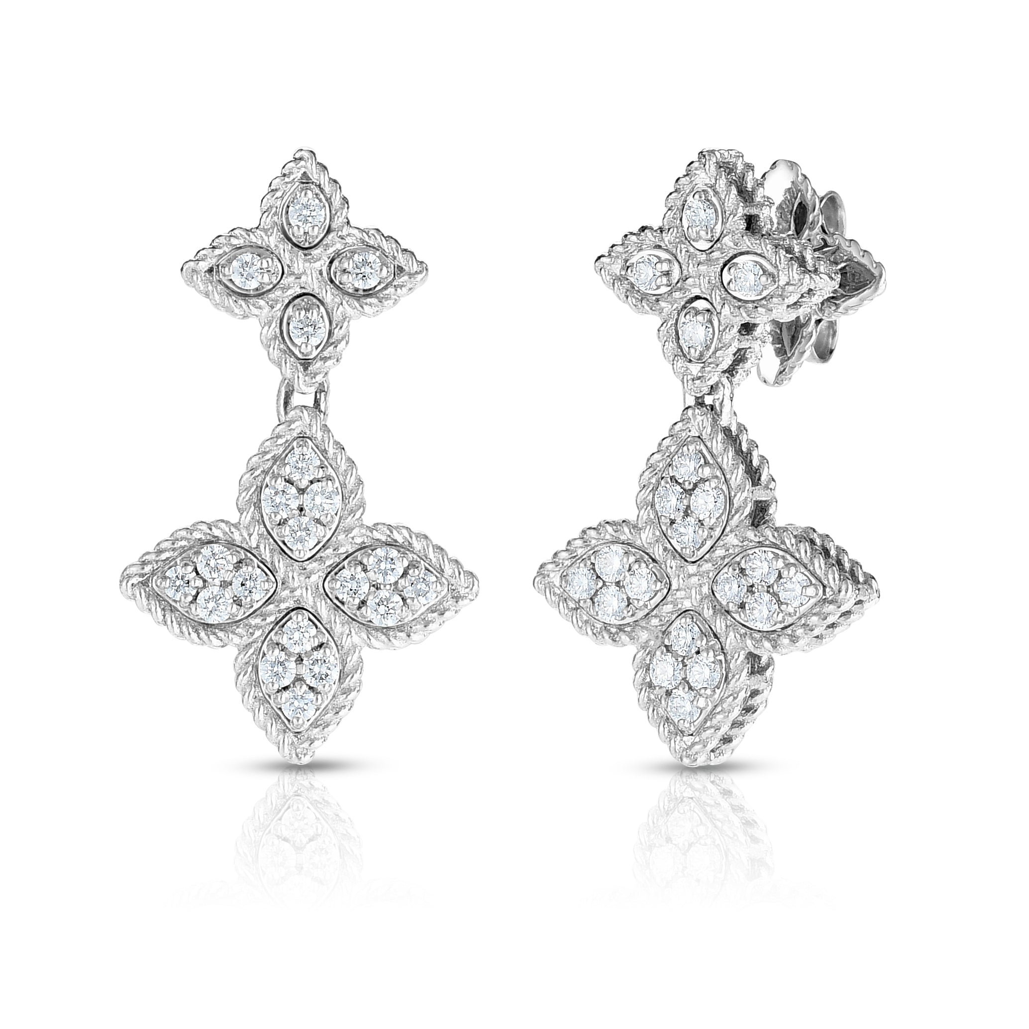 18K WHITE GOLD PRINCESS FLOWER PAVE DIAMOND DANGLE EARRINGS