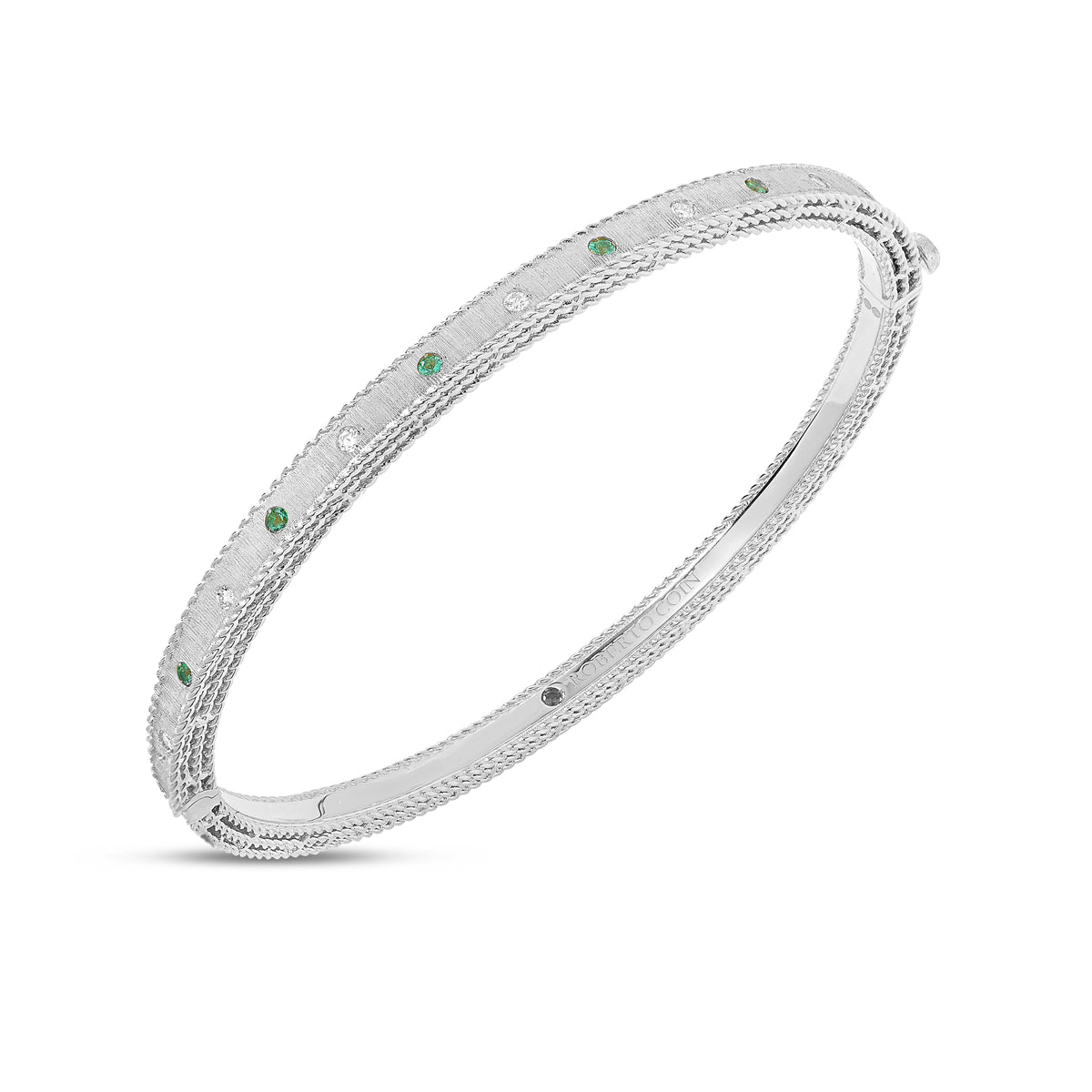 18K WHITE GOLD PRINCESS DIAMOND & EMERALD SATIN FINISH BANGLE