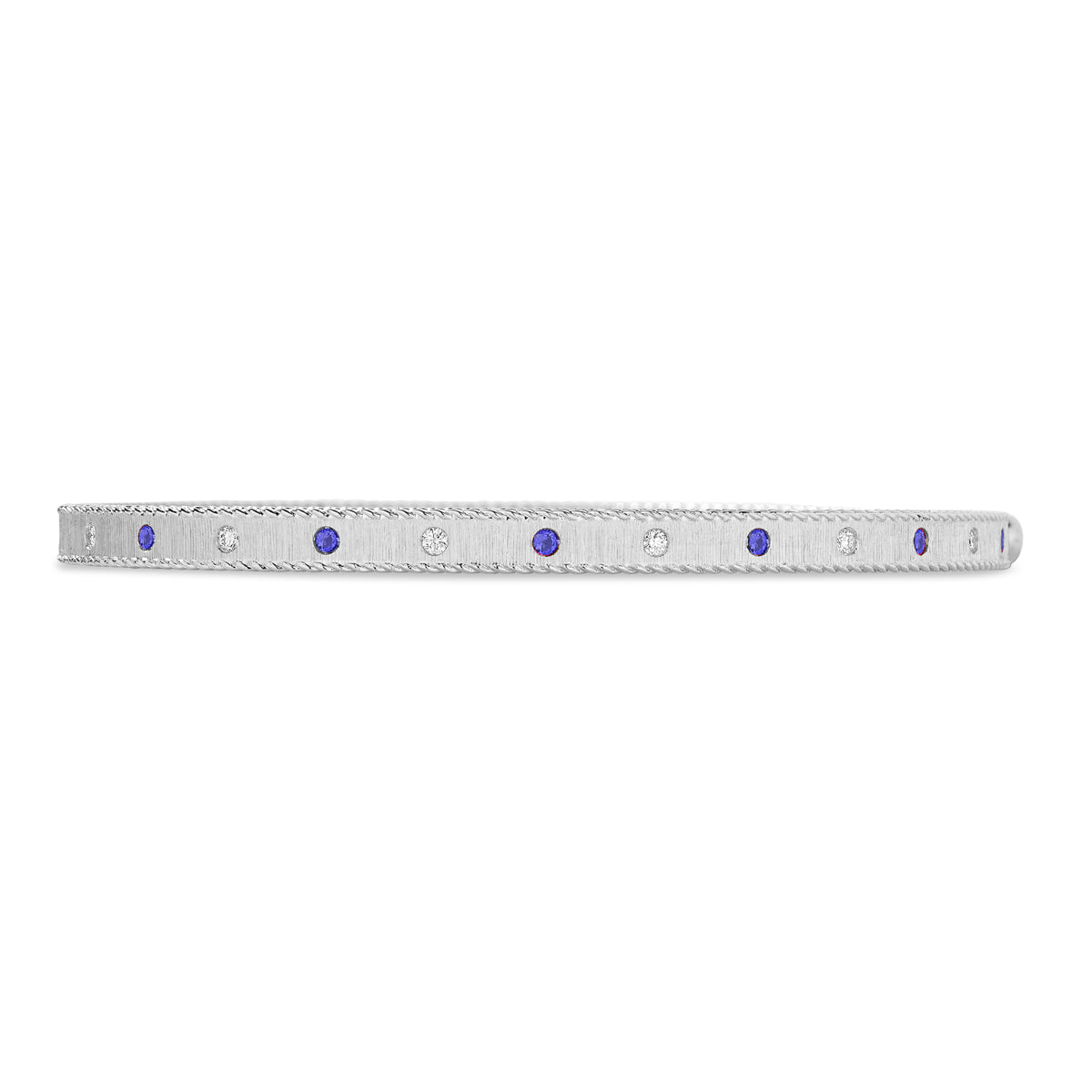 18K WHITE GOLD PRINCESS DIAMOND & BLUE SAPPHIRE SATIN FINISH BANGLE