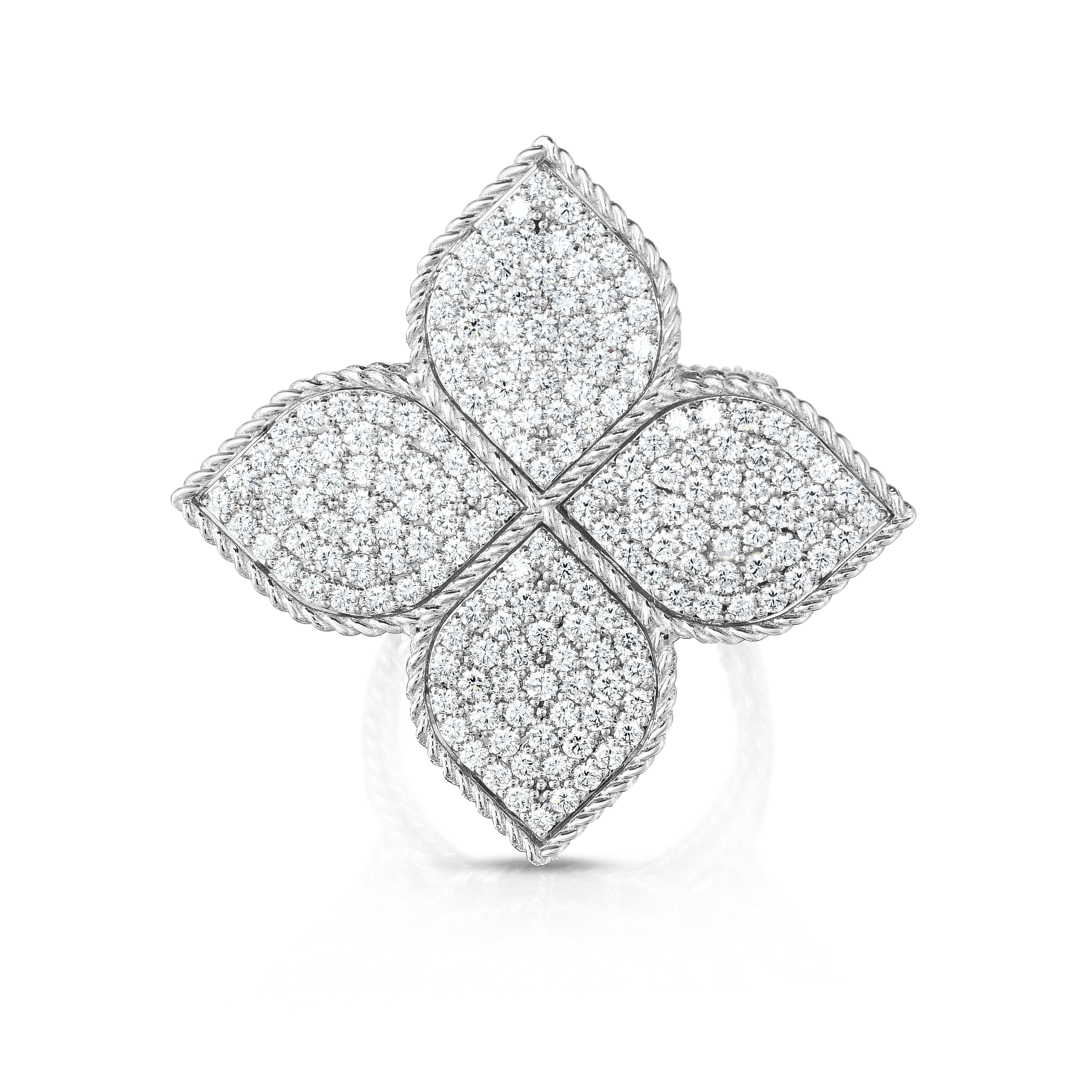 18K WHITE GOLD PRINCESS FLOWER LARGE PAVE DIAMOND RING