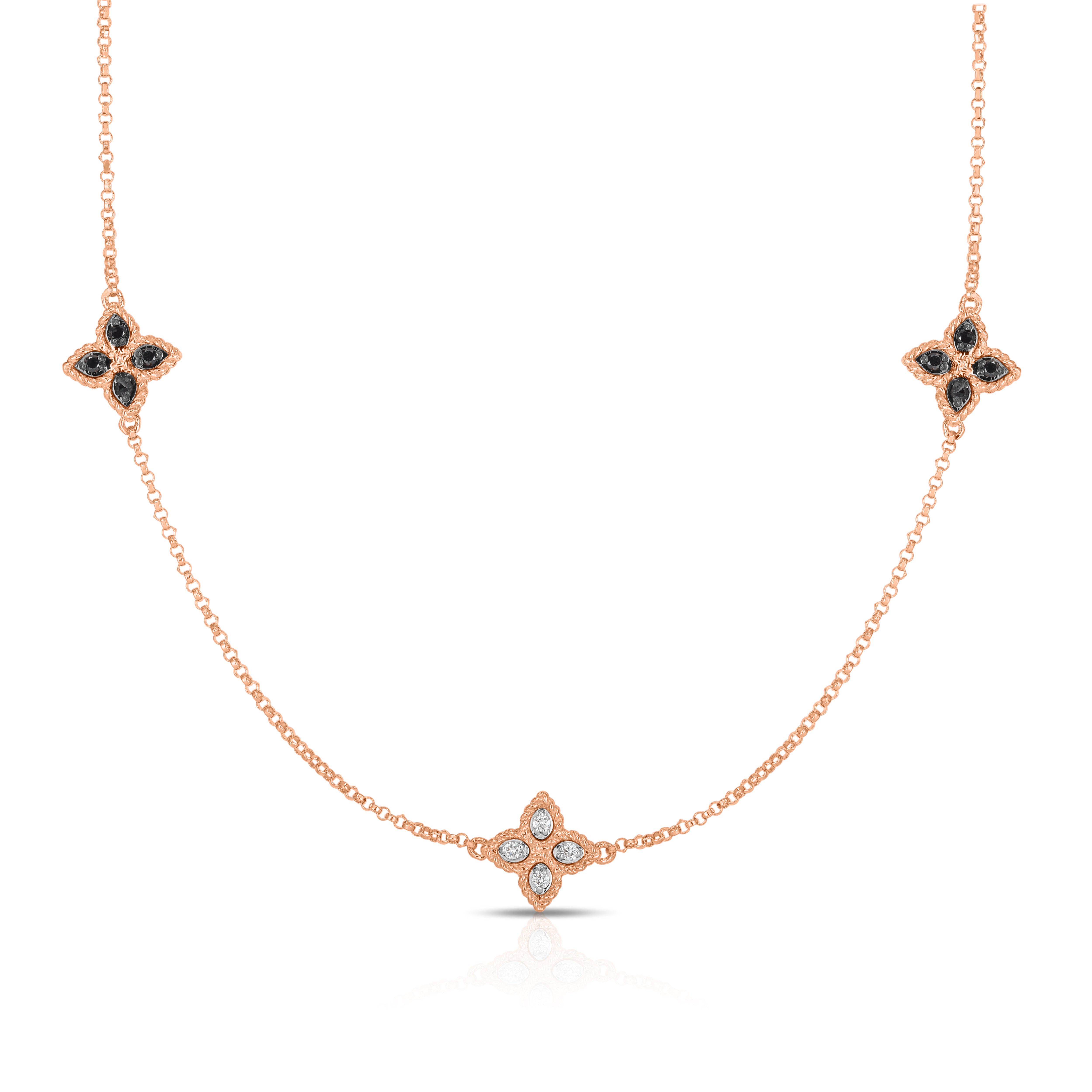 18K ROSE GOLD PRINCESS FLOWER THREE STATION BLACK & WHITE DIAMOND REVERSIBLE NECKLACE