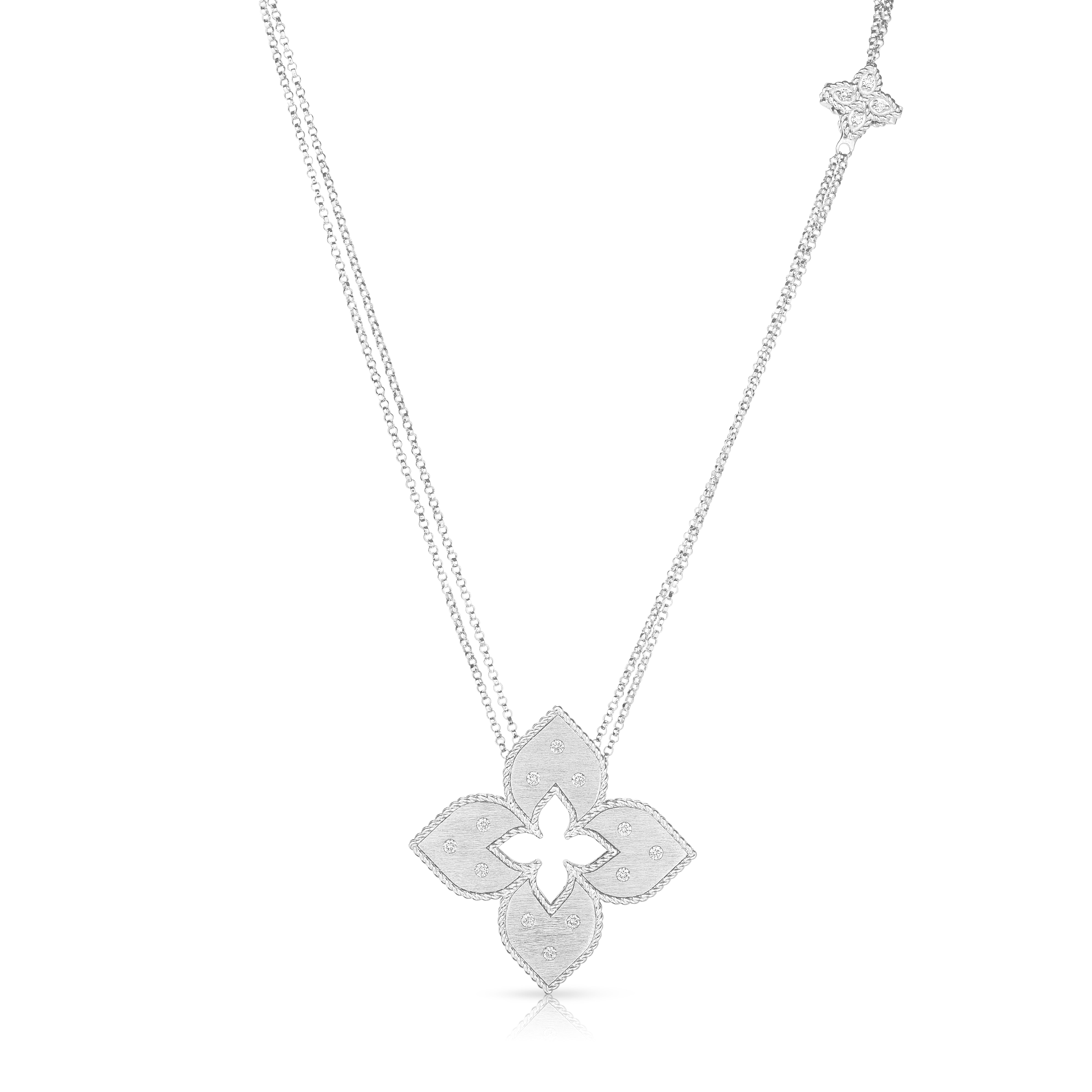 18K WHITE GOLD VENETIAN PRINCESS MEDIUM CUT OUT DIAMOND FLOWER LONG NECKLACE