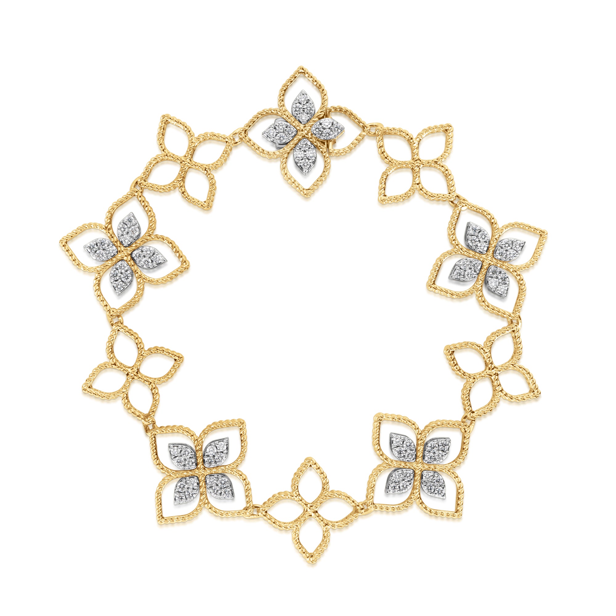 18K YELLOW/WHITE GOLD PRINCESS FLOWER ALRTERNATING DIAMOND FLOWER BRACLET