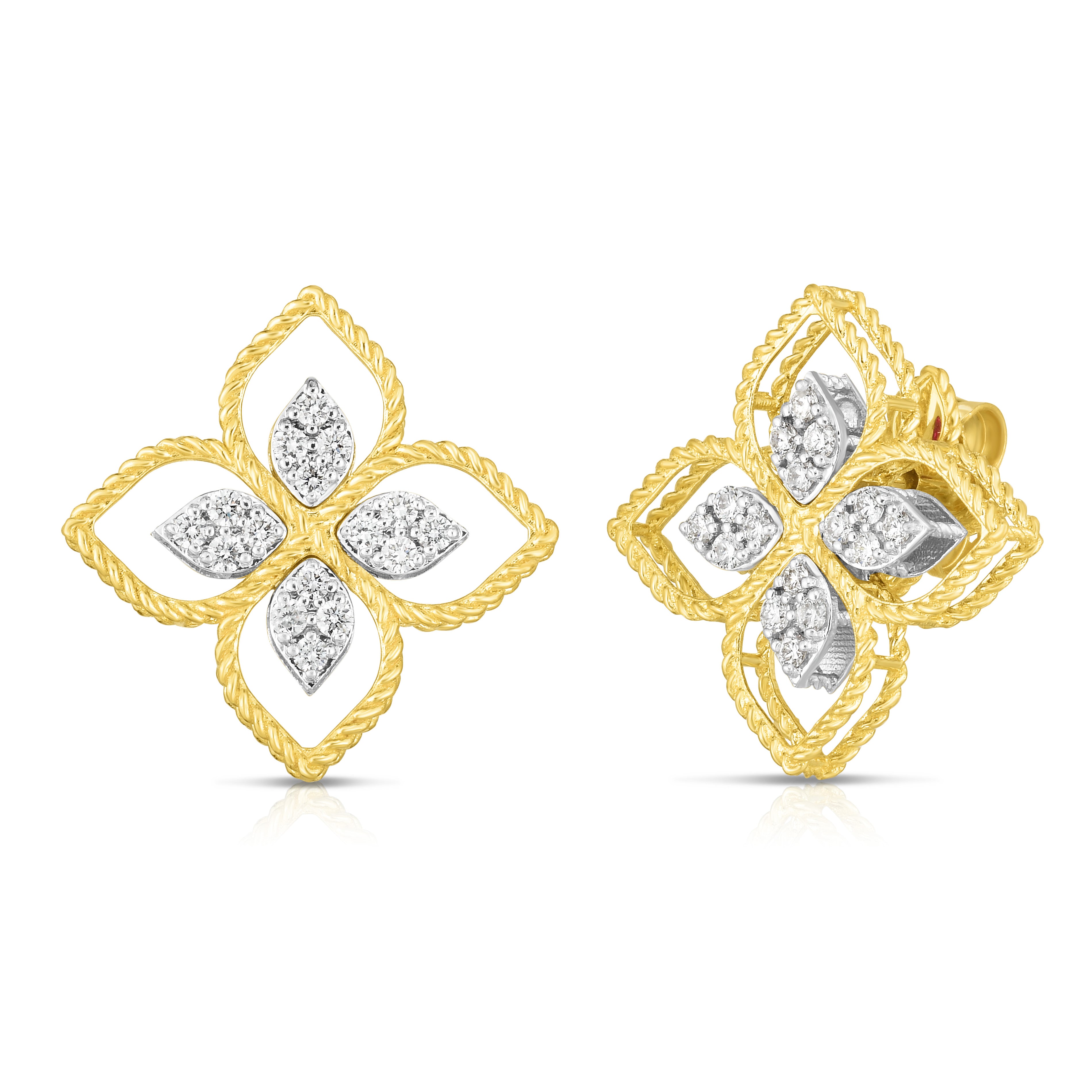 18K YELLOW/WHITE GOLD PRINCESS FLOWER LARGE DIAMOND FLOWER EARRINGS