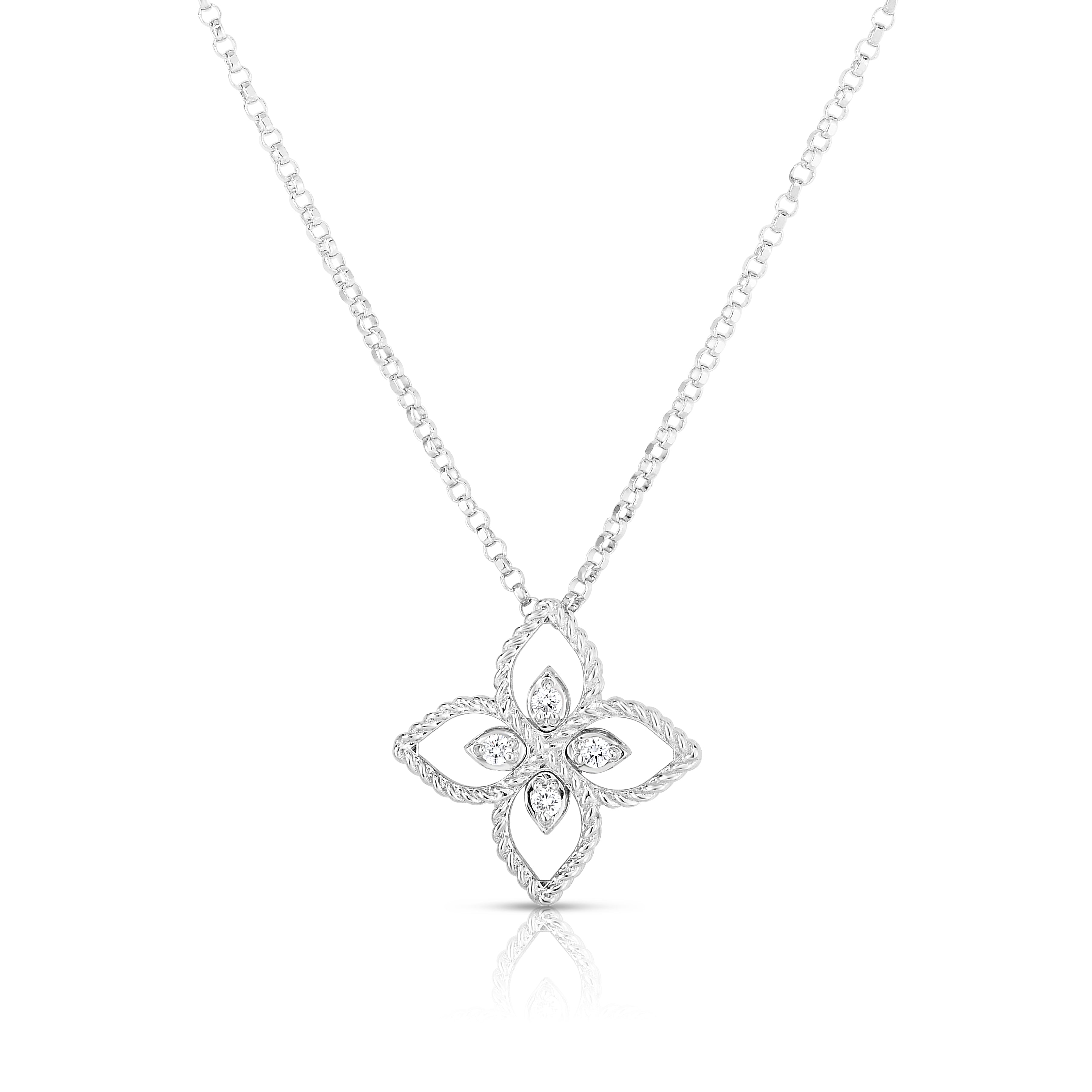 18K WHITE GOLD PRINCESS FLOWER SMALL DIAMOND FLOWER NECKLACE
