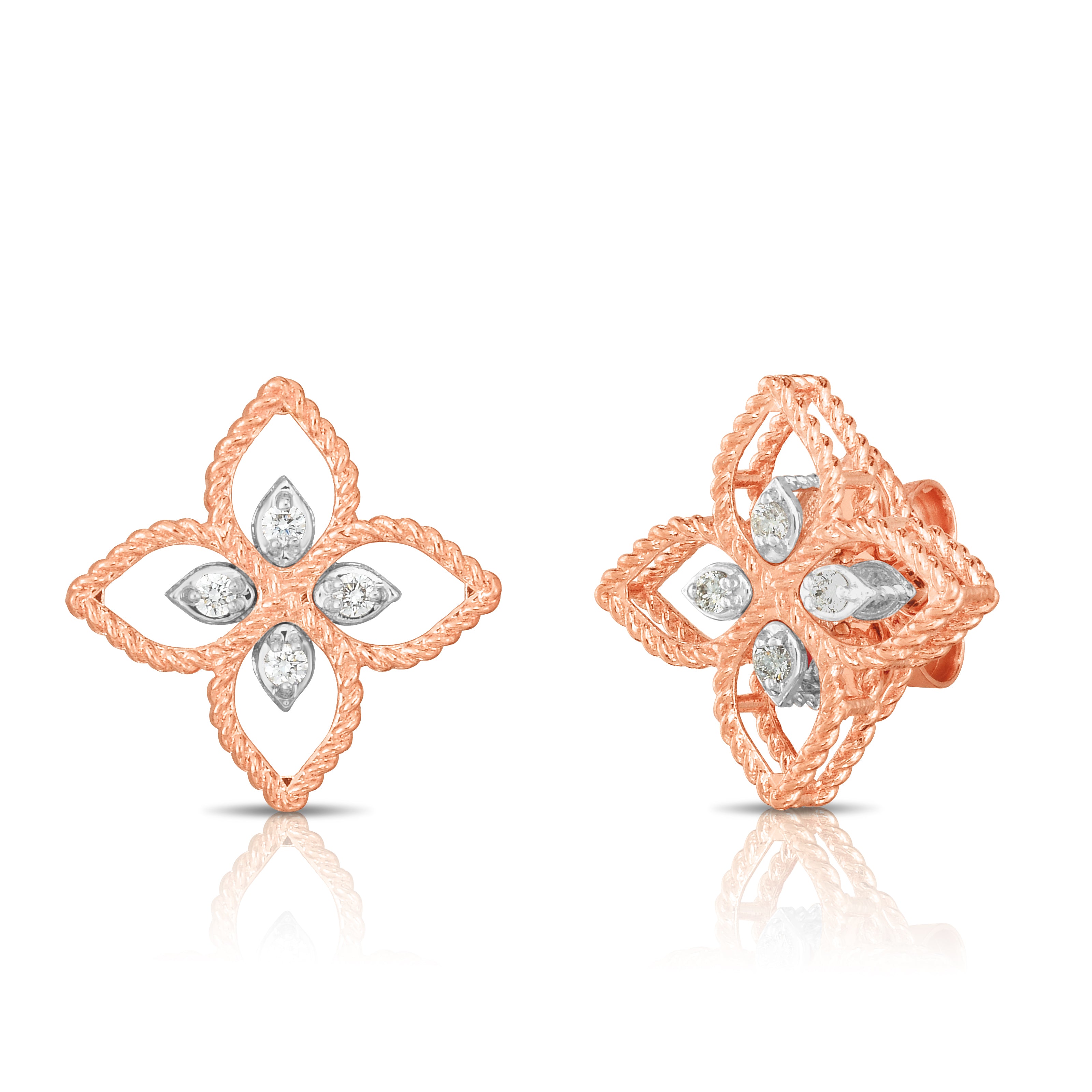 18K ROSE/WHITE GOLD PRINCESS FLOWER SMALL DIAMOND STUD EARRINGS
