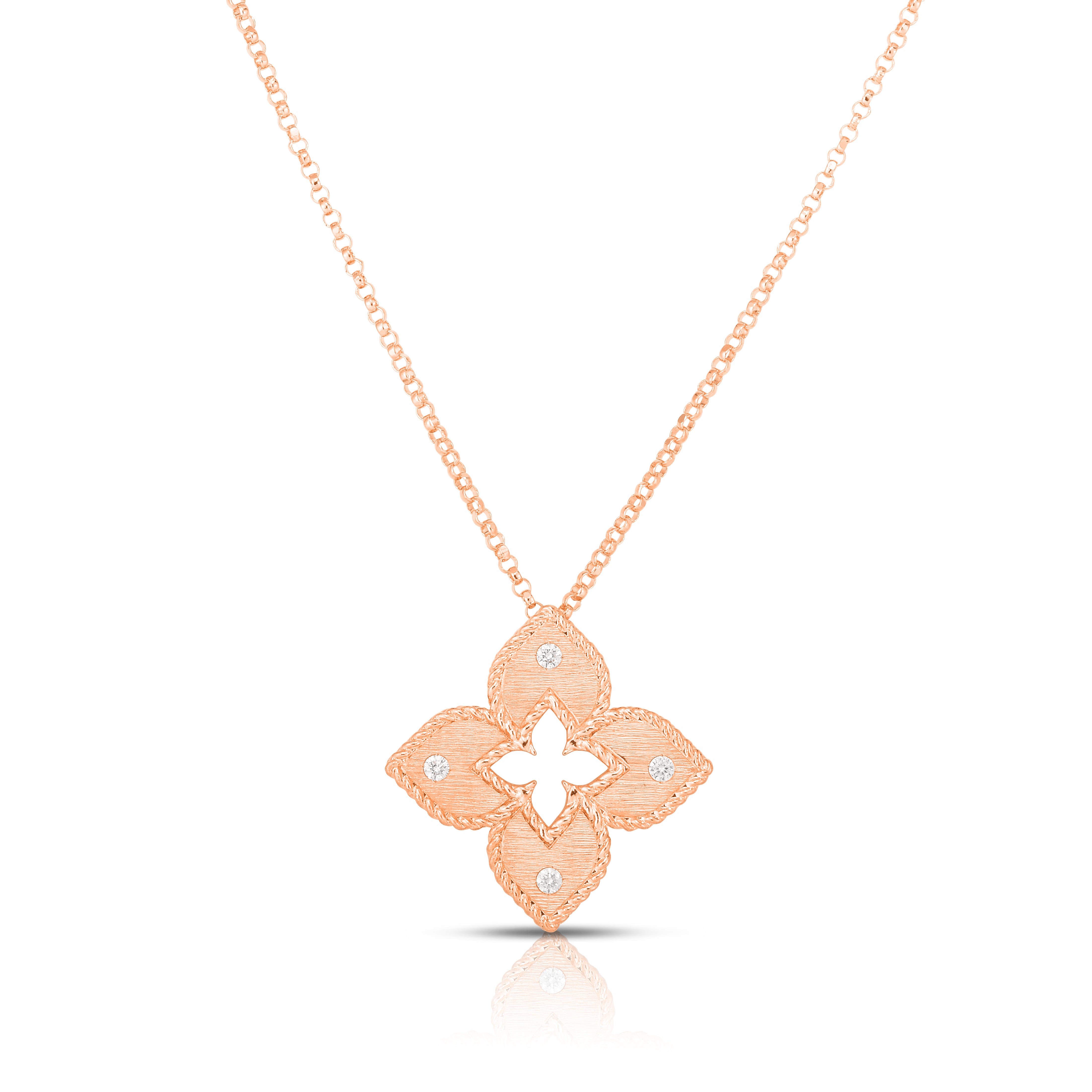18K ROSE GOLD VENETIAN PRINCESS DIAMOND & SATIN FINISH FLOWER NECKLACE