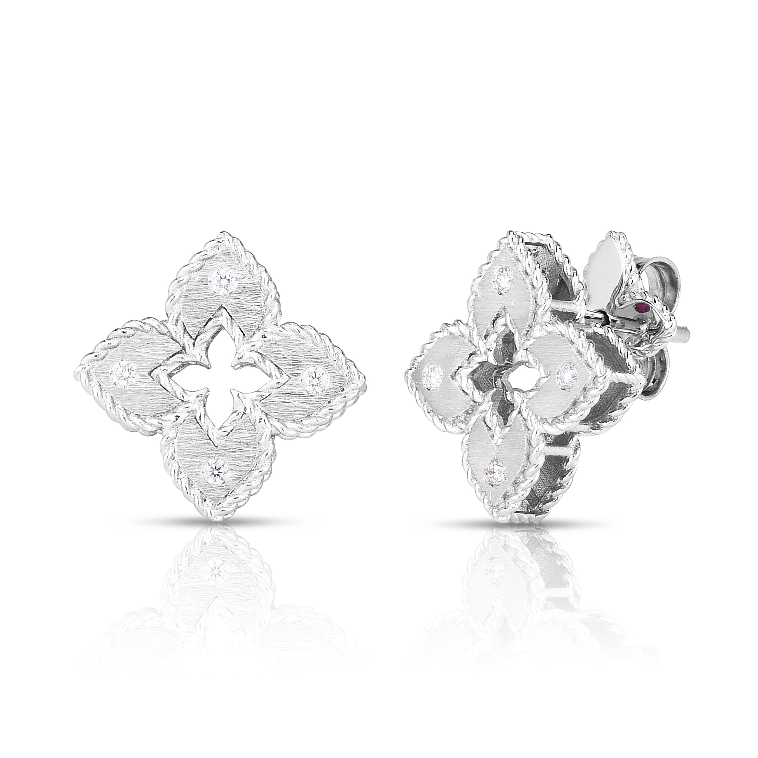 18K WHITE GOLD VENETIAN PRINCESS EXTRA SMALL DIAMOND & SATIN FINISH FLOWER EARRINGS