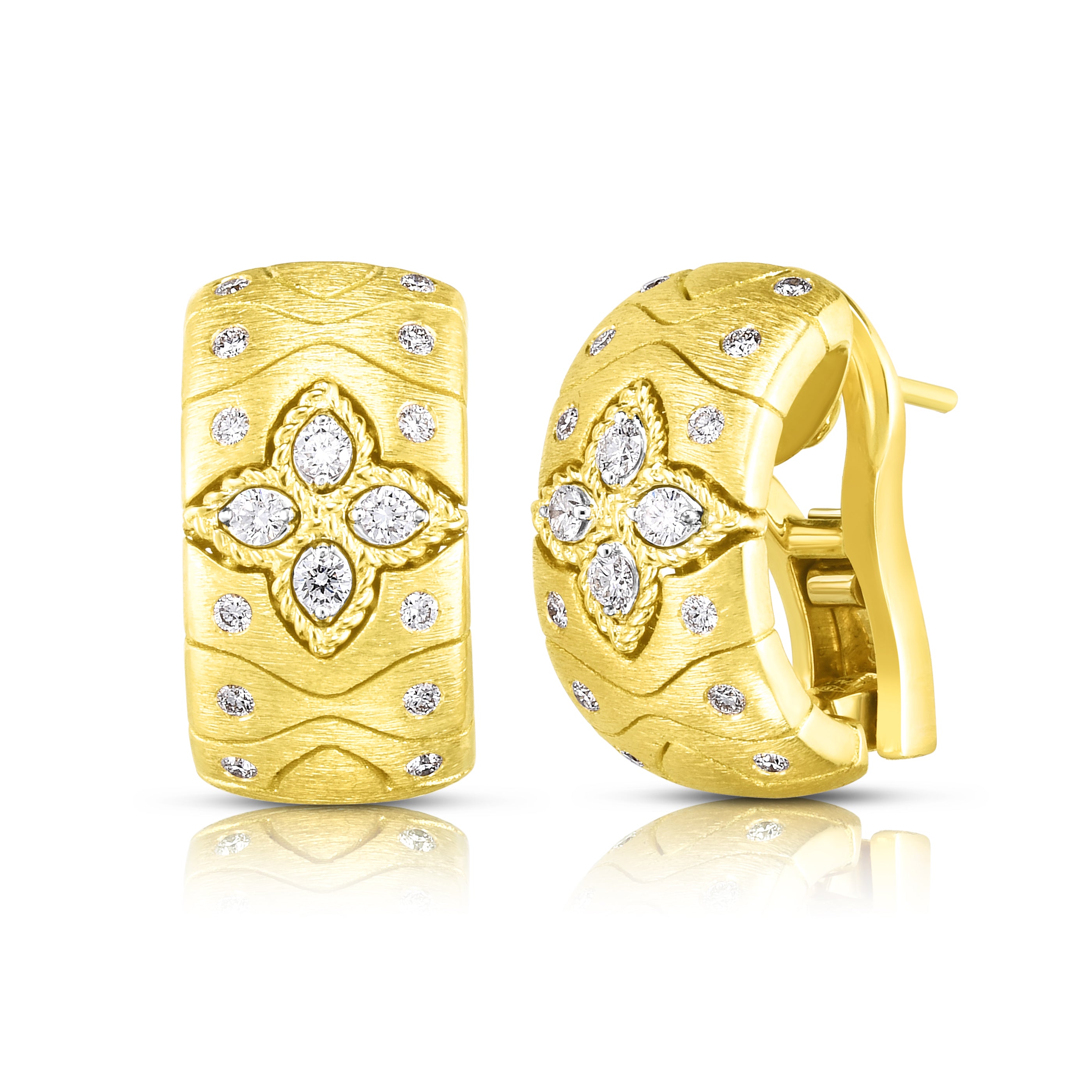 18K YELLOW/WHITE GOLD ROYAL PRINCESS FLOWER DIAMOND & SATIN FINISH EARRINGS