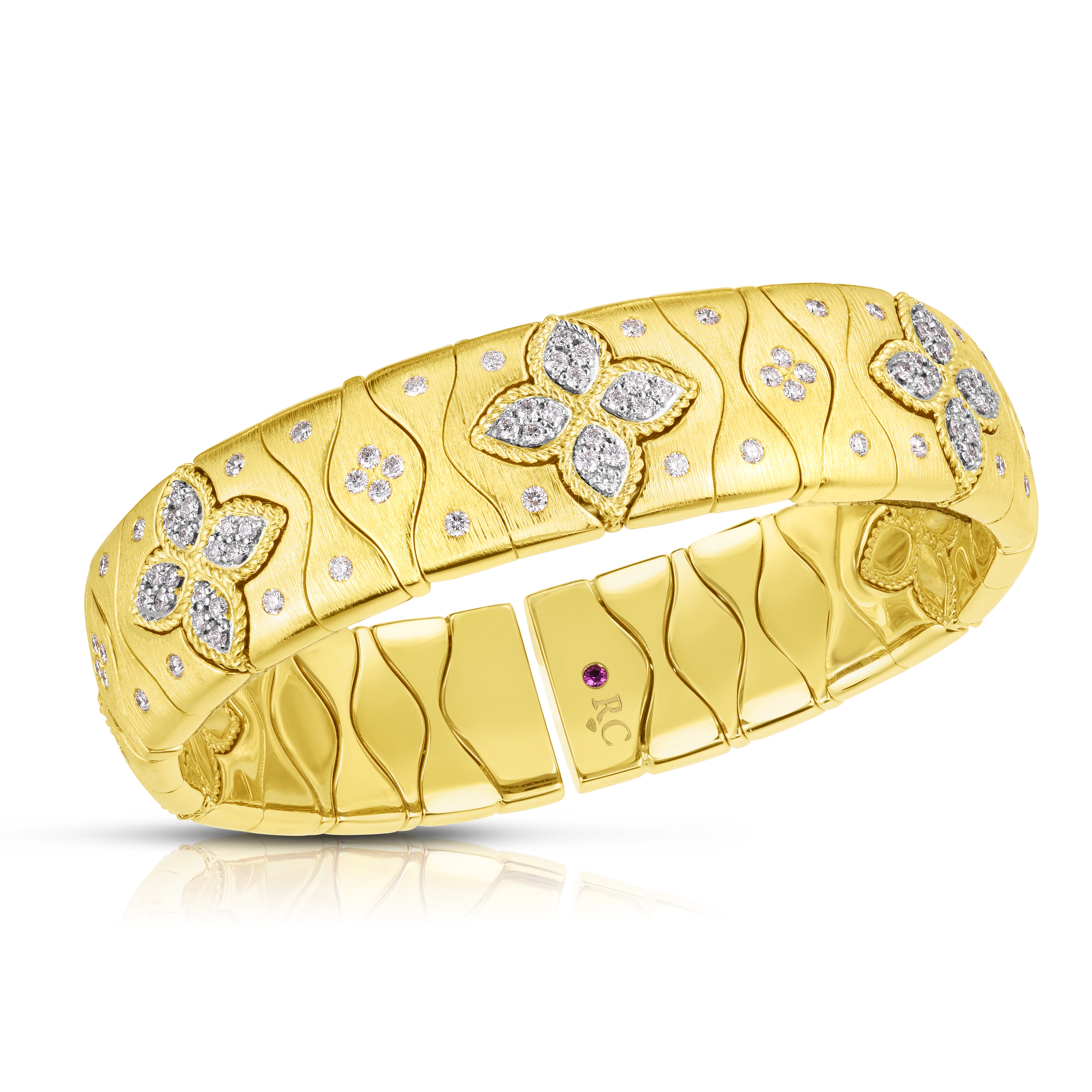 18K YELLOW/WHITE GOLD ROYAL PRINCESS FLOWER DIAMOND & SATIN FINISH WIDE CUFF BRACELET