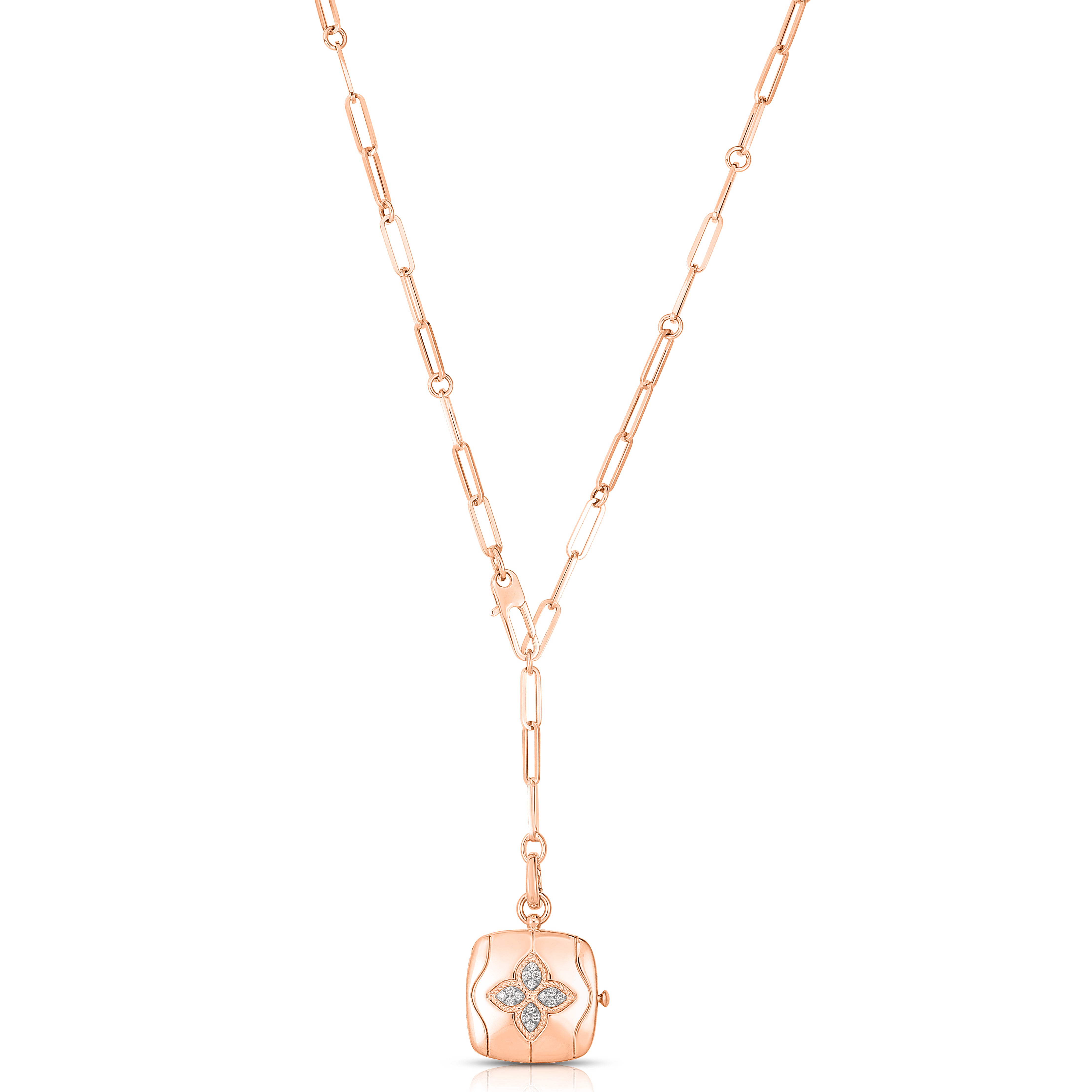 18K ROSE/WHITE GOLD ROYAL PRINCESS FLOWER DIAMOND ACCENT LOCKET NECKLACE
