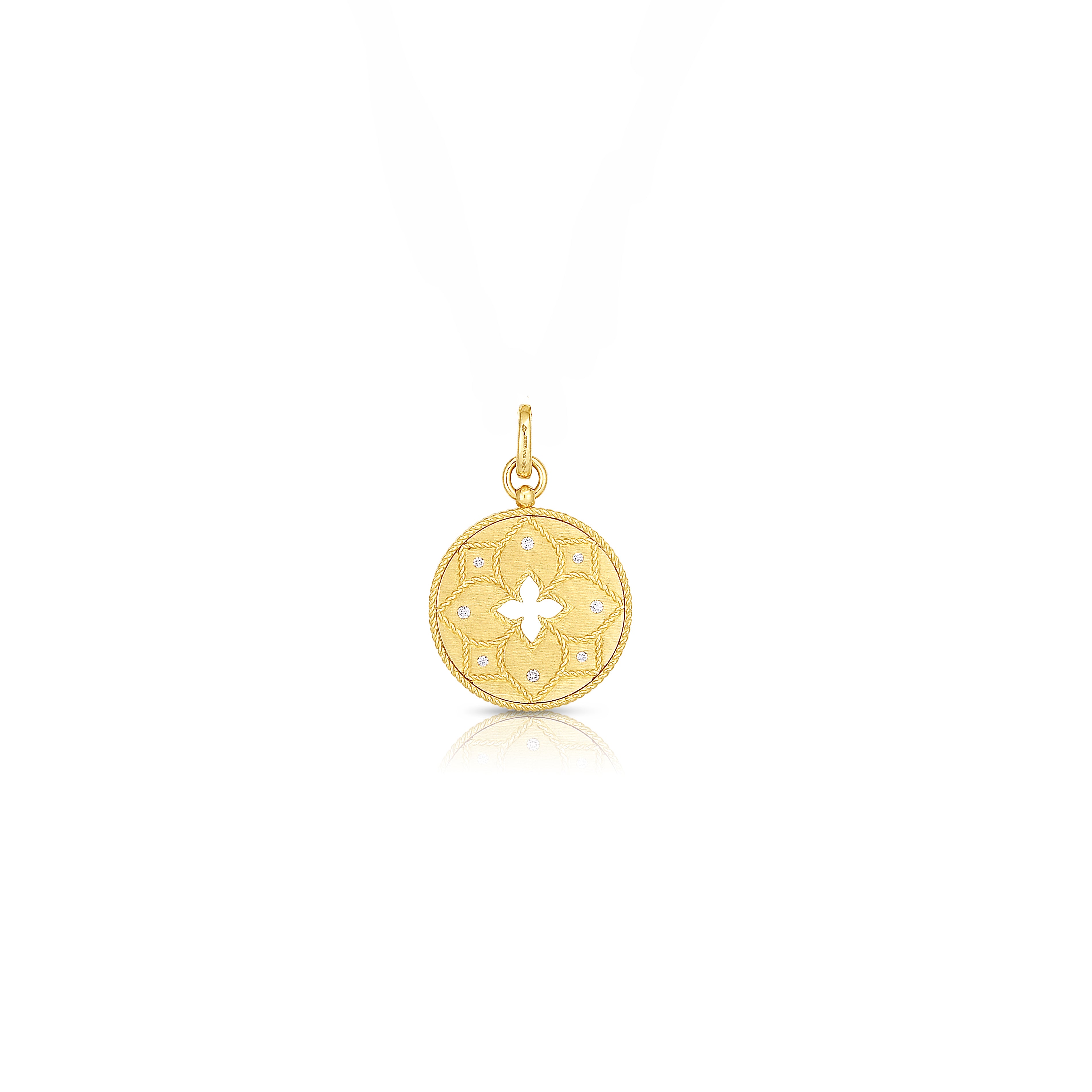 18K YELLOW GOLD VENETIAN PRINCESS SATIN DIAMOND & SATIN FINISH FLOWER CUT OUT MEDALLION PENDANT