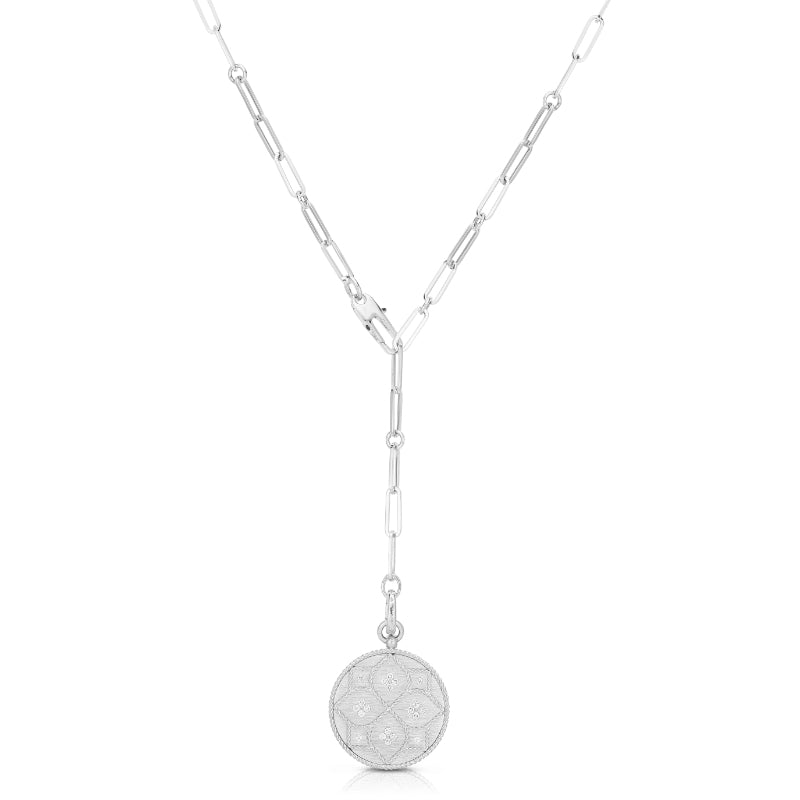 18K WHITE GOLD VENETIAN PRINCESS DIAMOND & SATIN FINISH ETCHED FLOWER MEDALLION NECKLACE