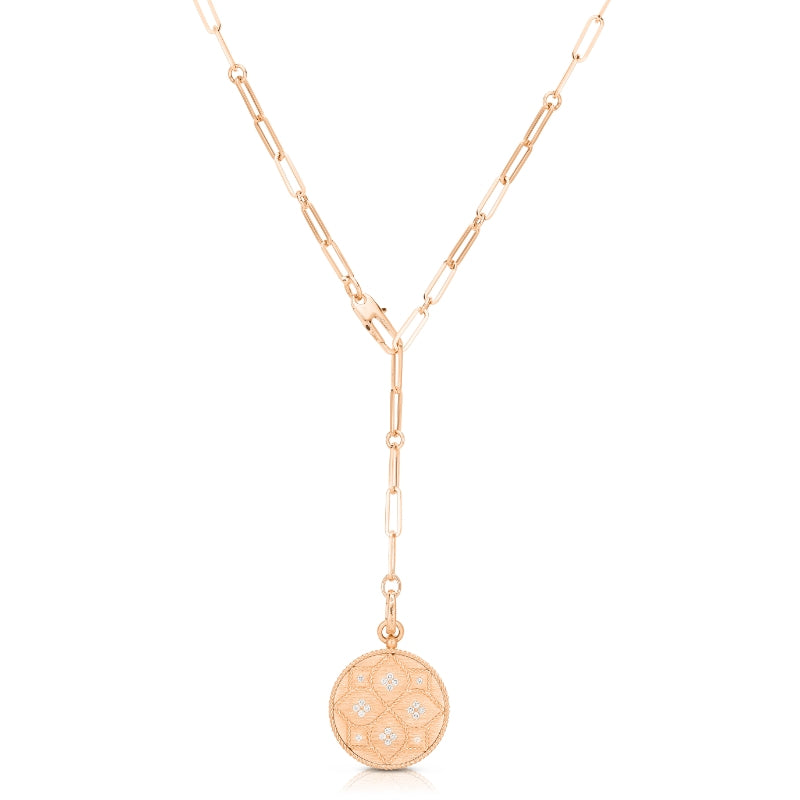 18K ROSE GOLD VENETIAN PRINCESS DIAMOND & SATIN FINISH ETCHED FLOWER MEDALLION NECKLACE