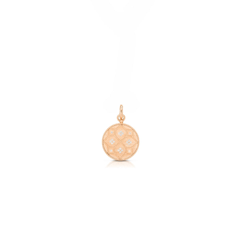 18K ROSE GOLD VENETIAN PRINCESS DIAMOND & SATIN FINISH ETCHED FLOWER MEDALLION PENDANT