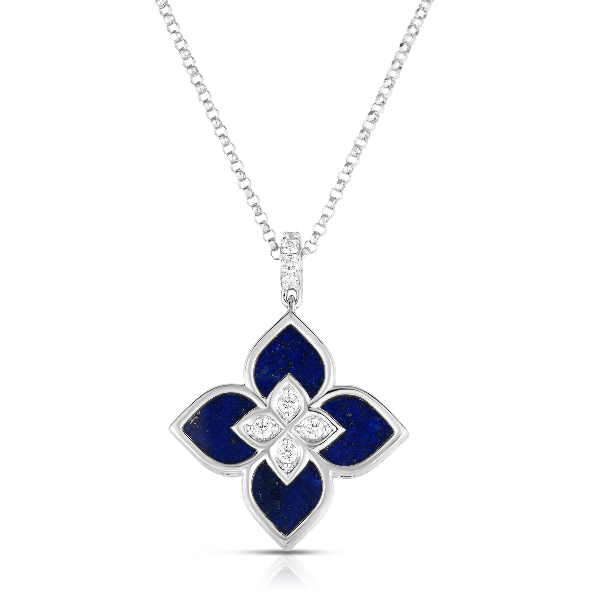 18K WHITE GOLD VENETIAN PRINCESS DIAMOND & LAPIS SMALL FLOWER NECKLACE: 17" CHAIN WITH JUMP RING AT 16" - 20MM X 20MM