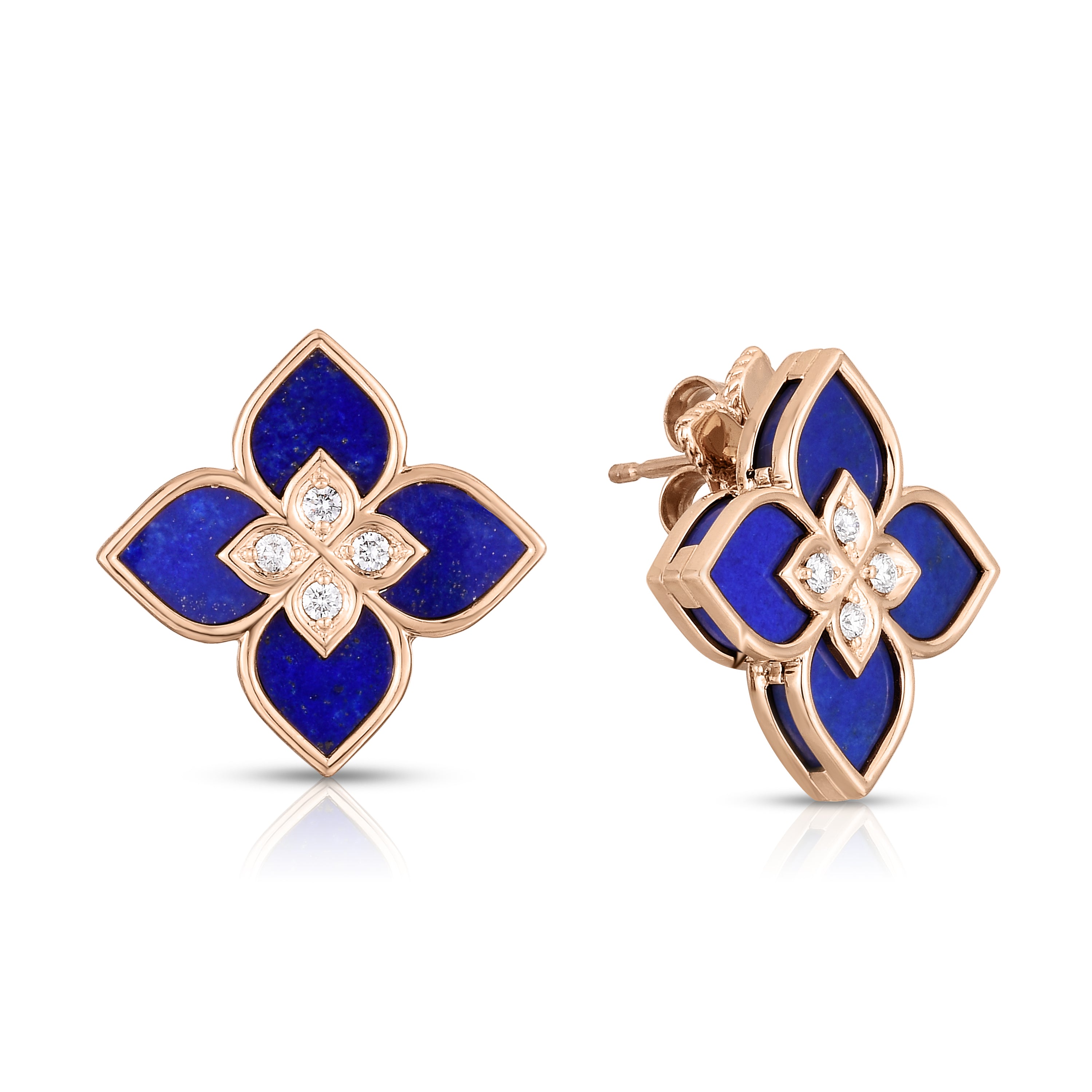 18K ROSE GOLD VENETIAN PRINCESS SMALL DIAMOND & LAPIS FLOWER EARRINGS