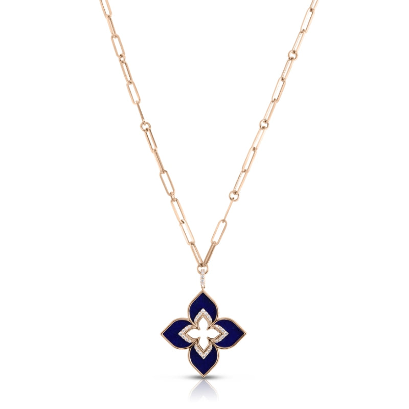 18K ROSE GOLD VENETIAN PRINCESS LARGE DIAMOND & LAPIS CUT OUT FLOWER NECKLACE