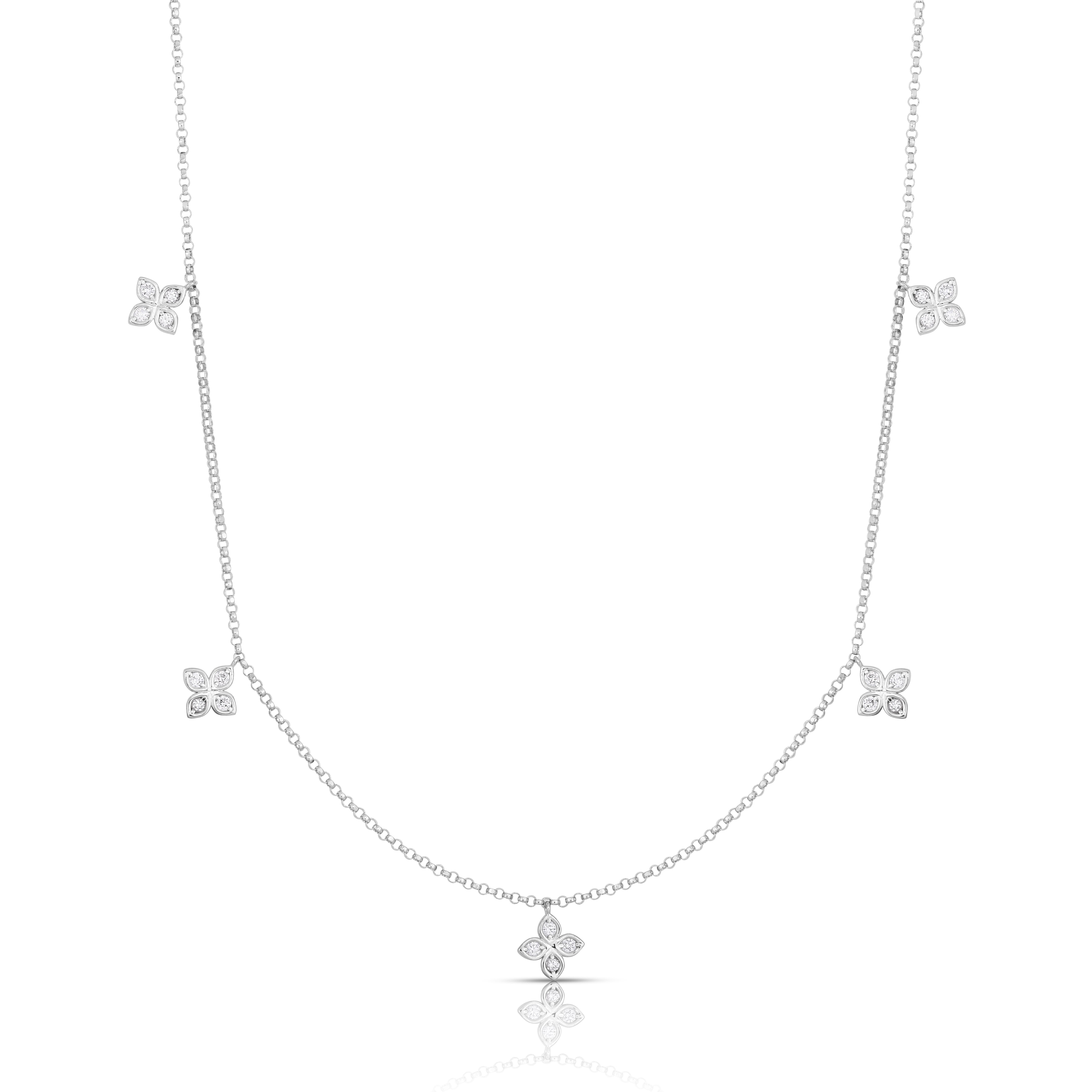 18K WHITE GOLD LOVE BY THE INCH DANGLING 5 STATION FLOWER NECKLACE