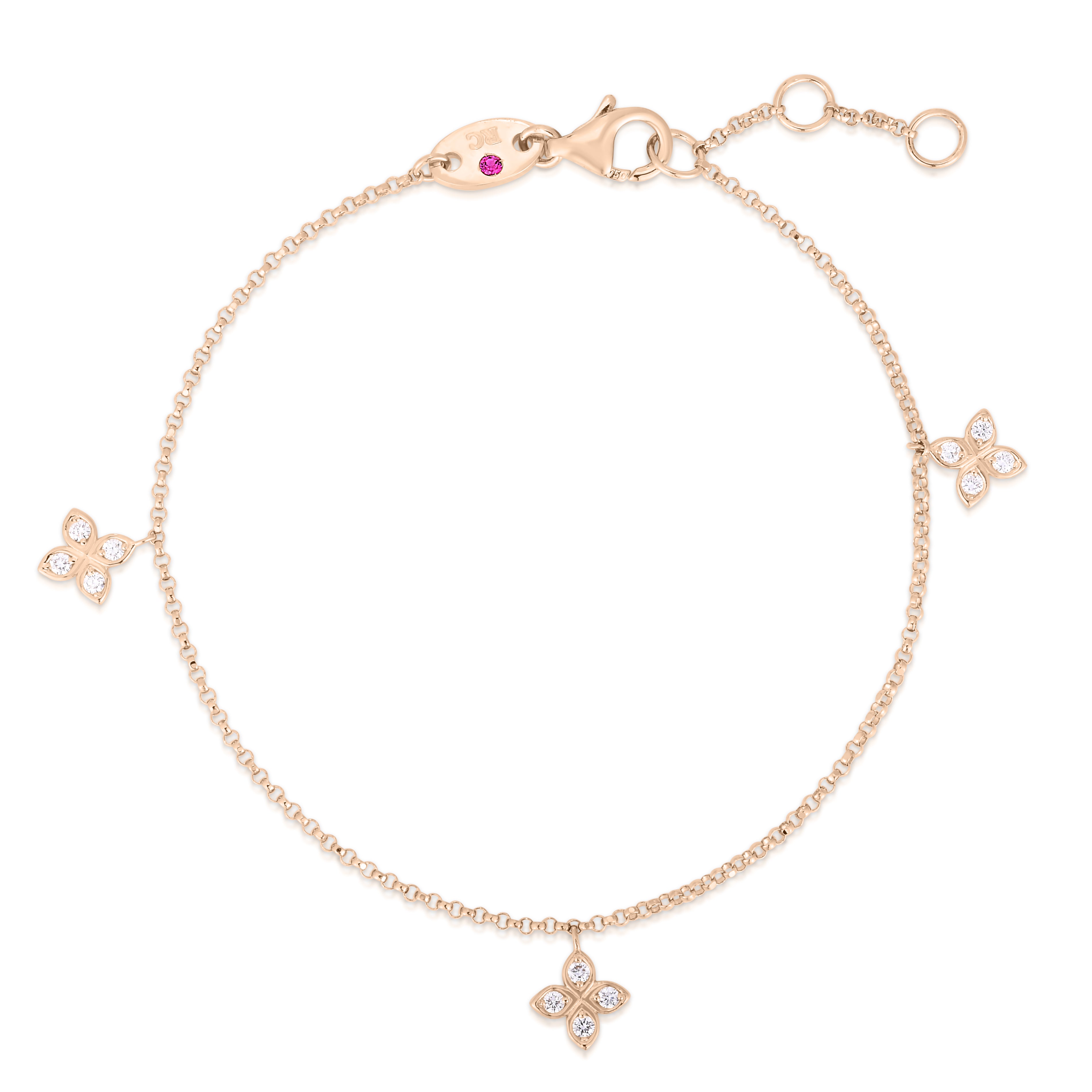 18K ROSE GOLD LOVE BY THE INCH DANGLING THREE STATION FLOWER BRACELET