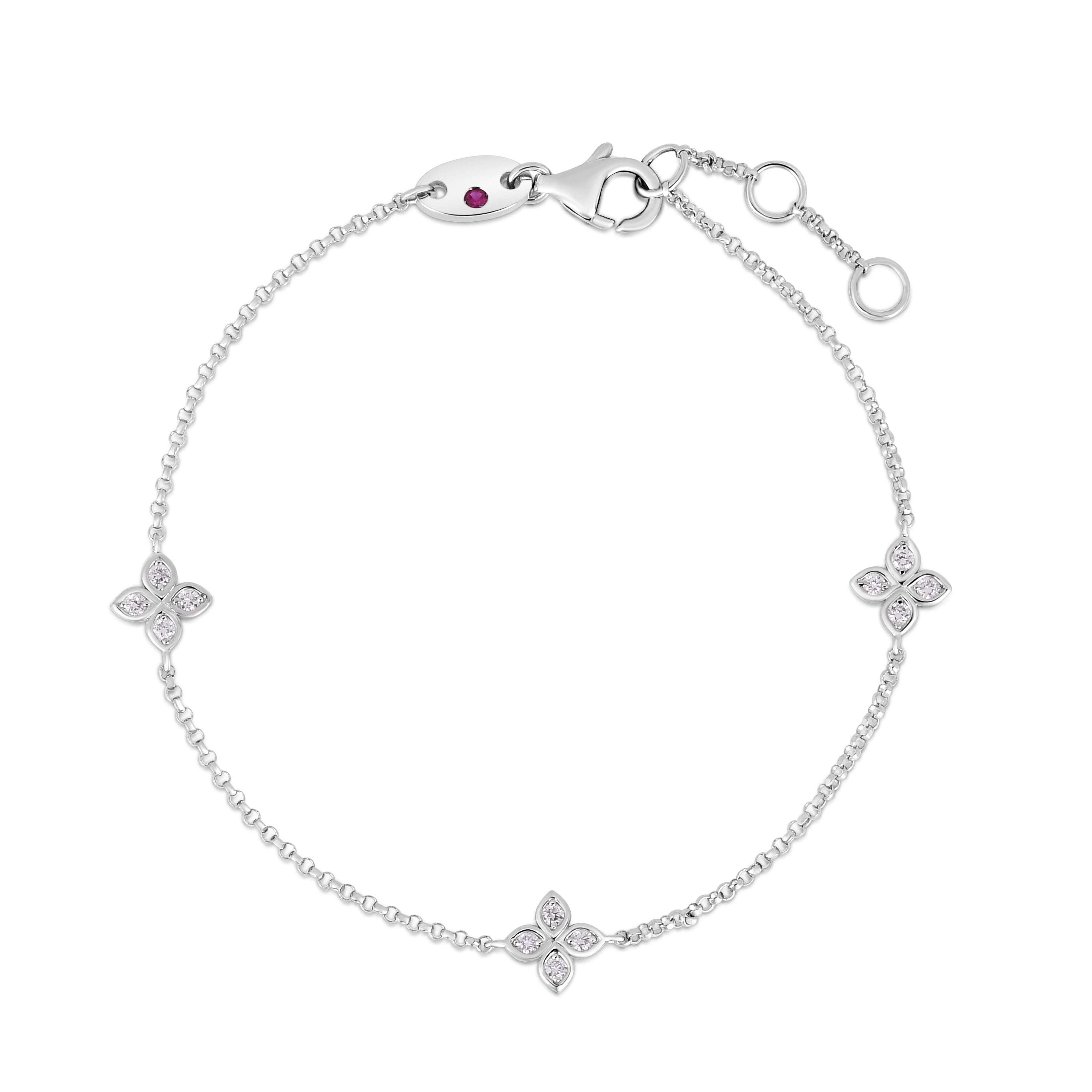 18K WHITE GOLD LOVE BY THE INCH 3 STATION FLOWER BRACELET
