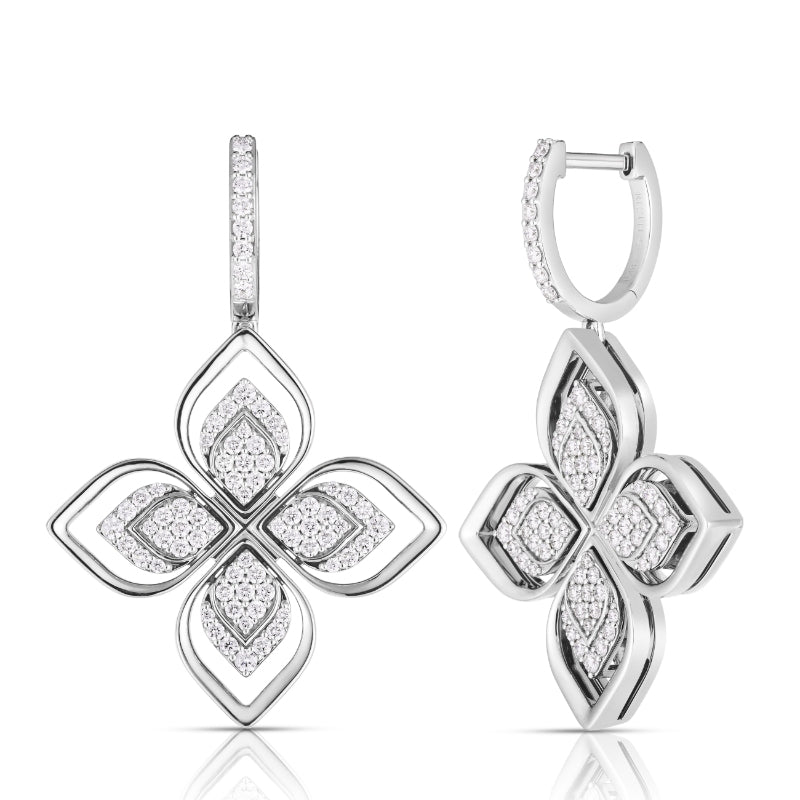 18K WHITE GOLD VENETIAN PRINCESS PAVE OPEN FRAME DIAMOND FLOWER EARRINGS