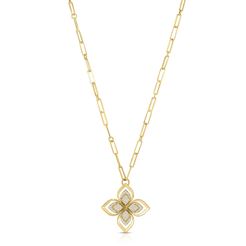 18K YELLOW GOLD VENETIAN PRINCESS PAVE OPEN FRAME DIAMOND FLOWER LONG NECKLACE