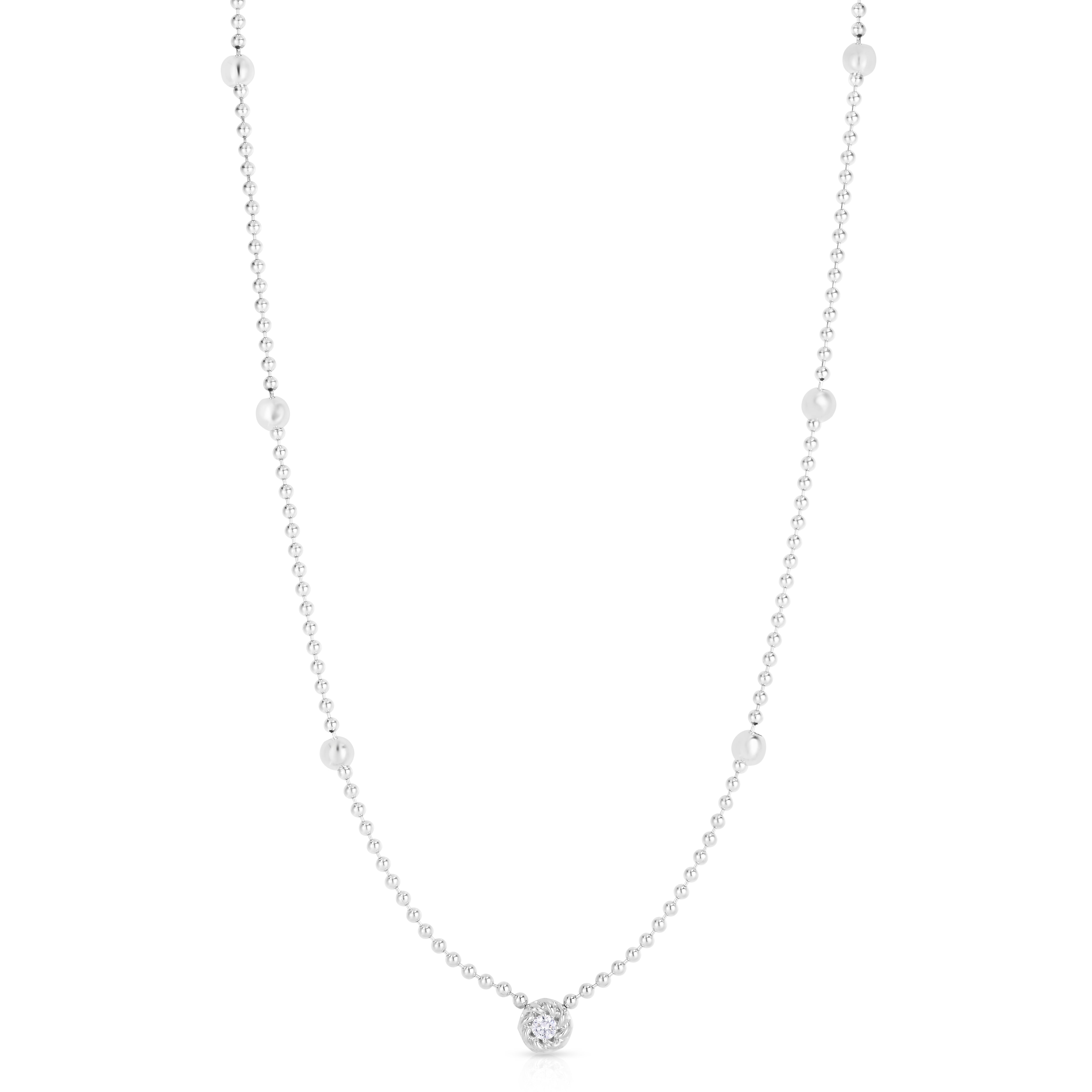 18K WHITE DESIGNER GOLD DIAMOND ALTERNATING BEAD & DIAMOND ACCENT NECKLACE