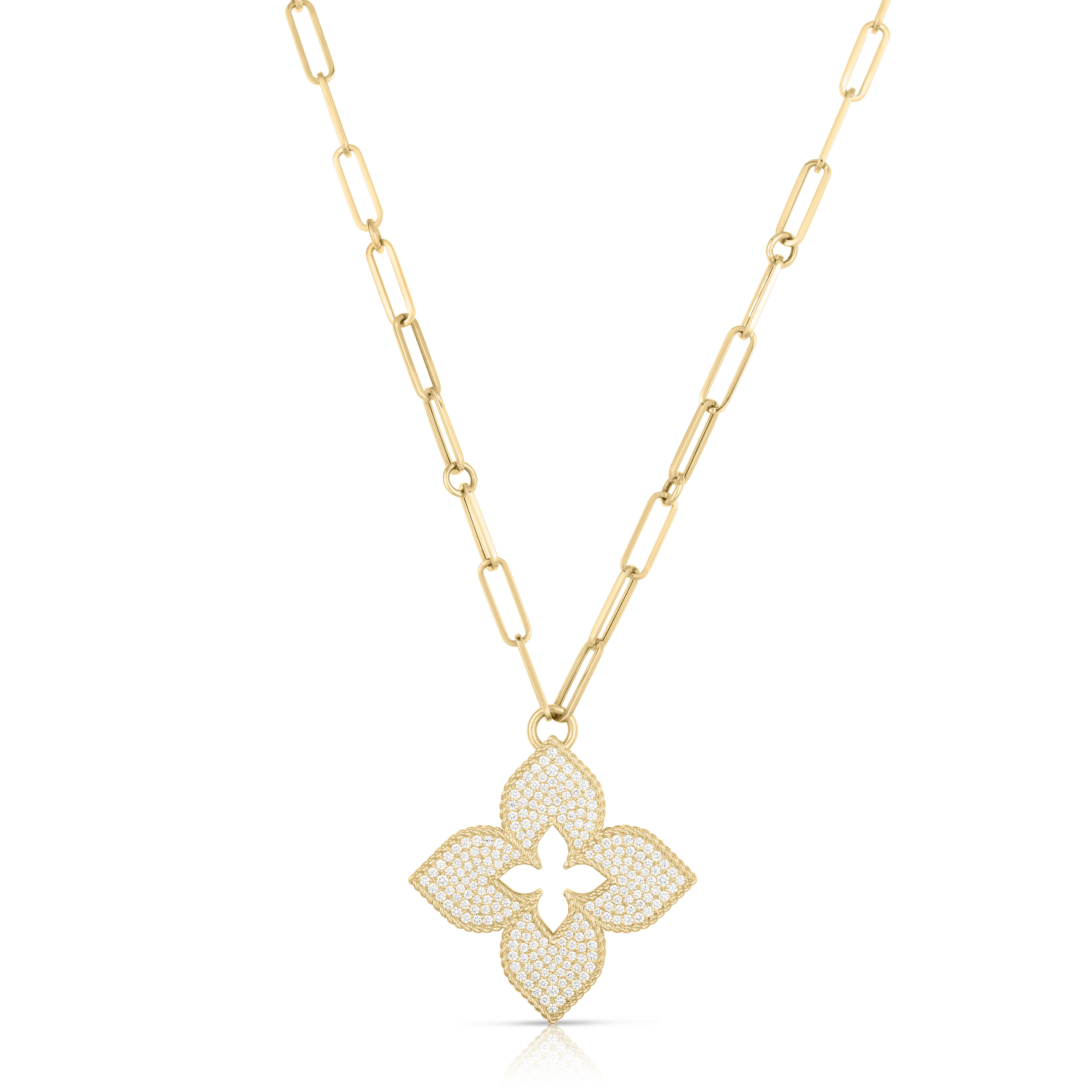 18K YELLOW GOLD VENETIAN PRINCESS LARGE PAVE DIAMOND FLOWER LONG NECKLACE