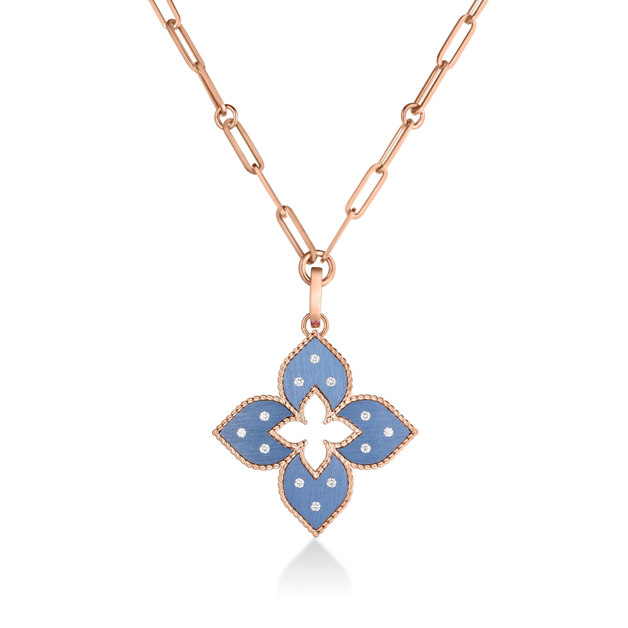 18K ROSE GOLD VENETIAN PRINCESS MEDIUM DIAMOND & BLUE TITANIUM FLOWER LONG NECKLACE
