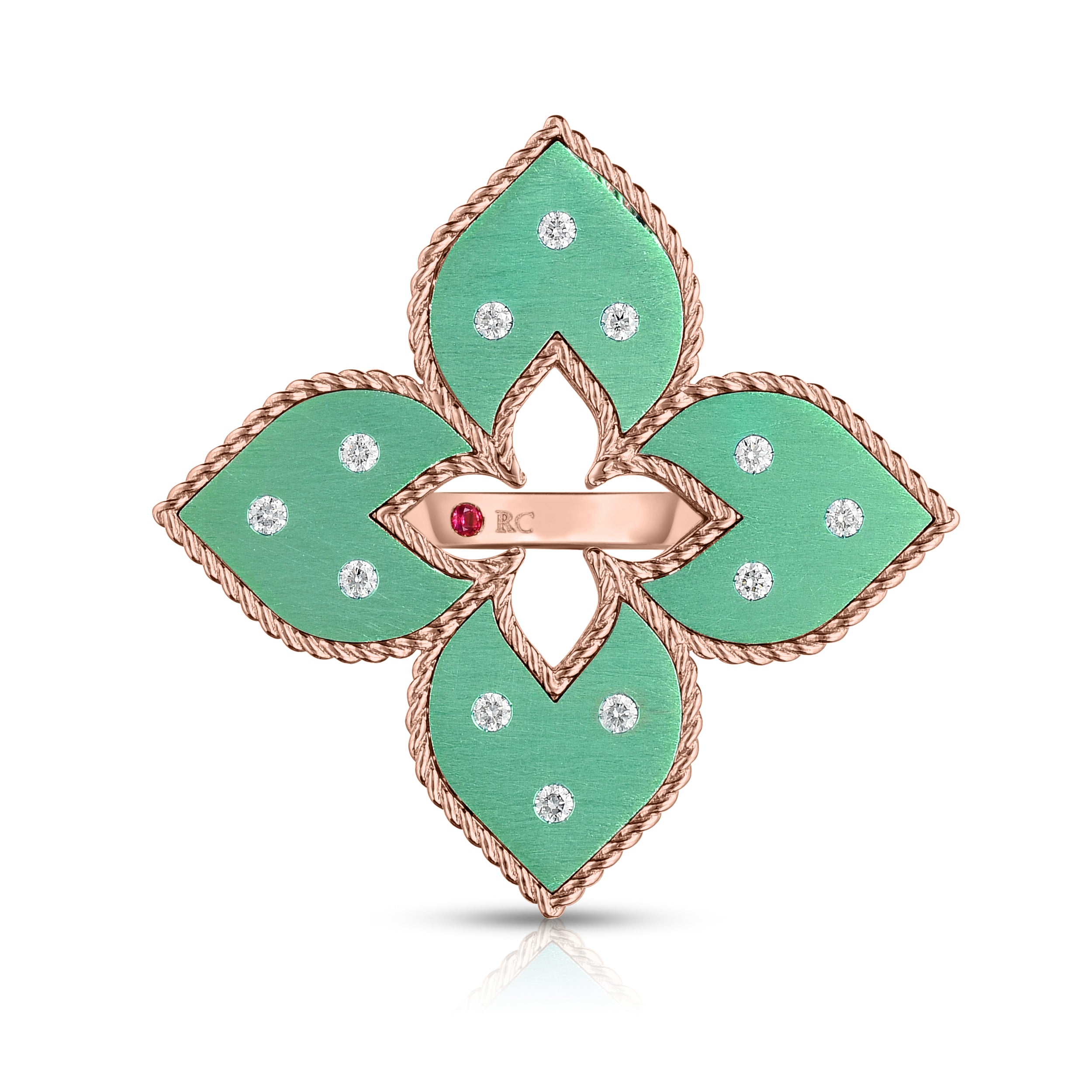 18K ROSE GOLD VENETIAN PRINCESS MEDIUM DIAMOND & GREEN TITANIUM FLOWER RING