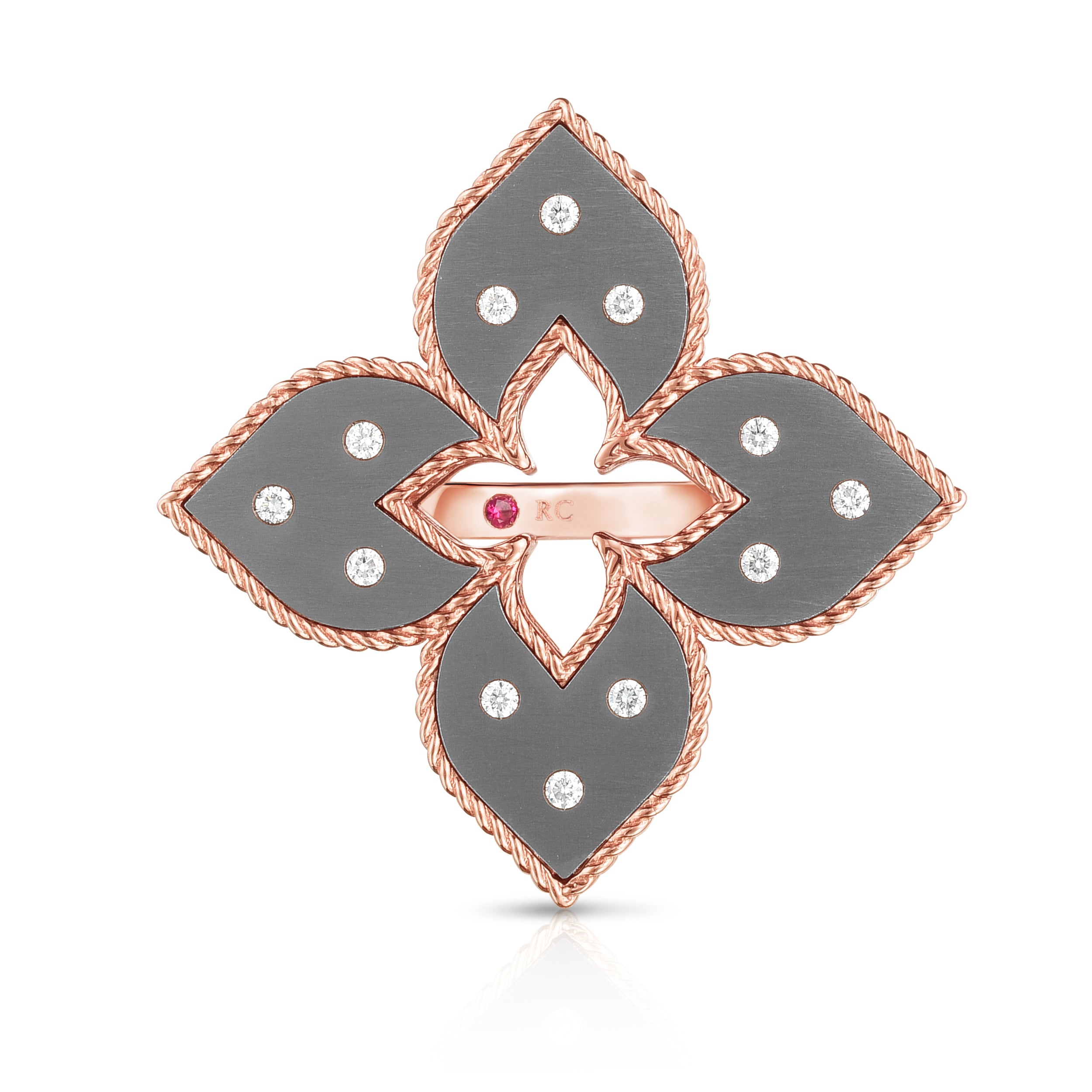 18K ROSE GOLD VENETIAN PRINCESS MEDIUM DIAMOND & GRAY TITANIUM FLOWER RING
