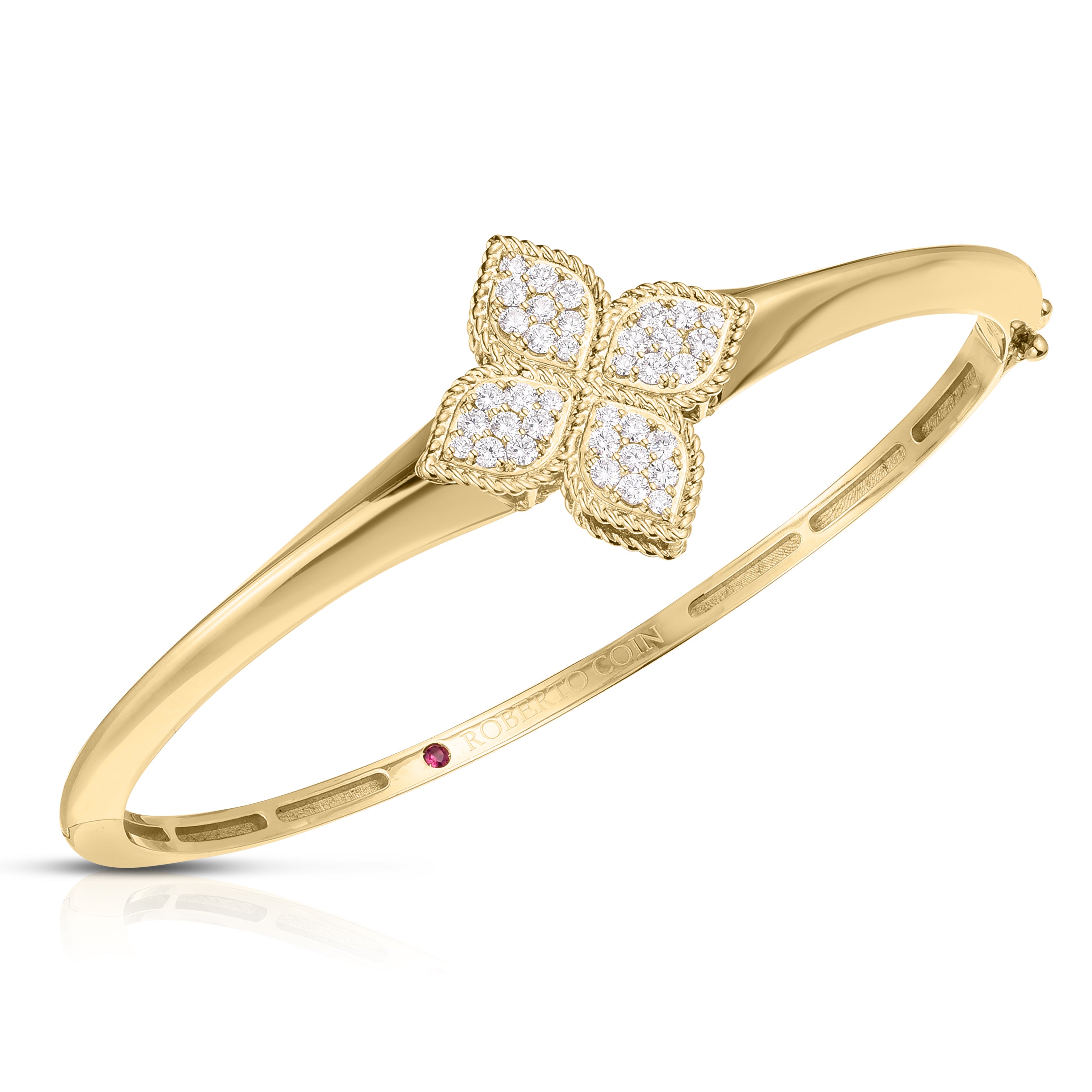 18K YELLOW GOLD PRINCESS FLOWER PAVE DIAMOND KNIFE EDGE BANGLE