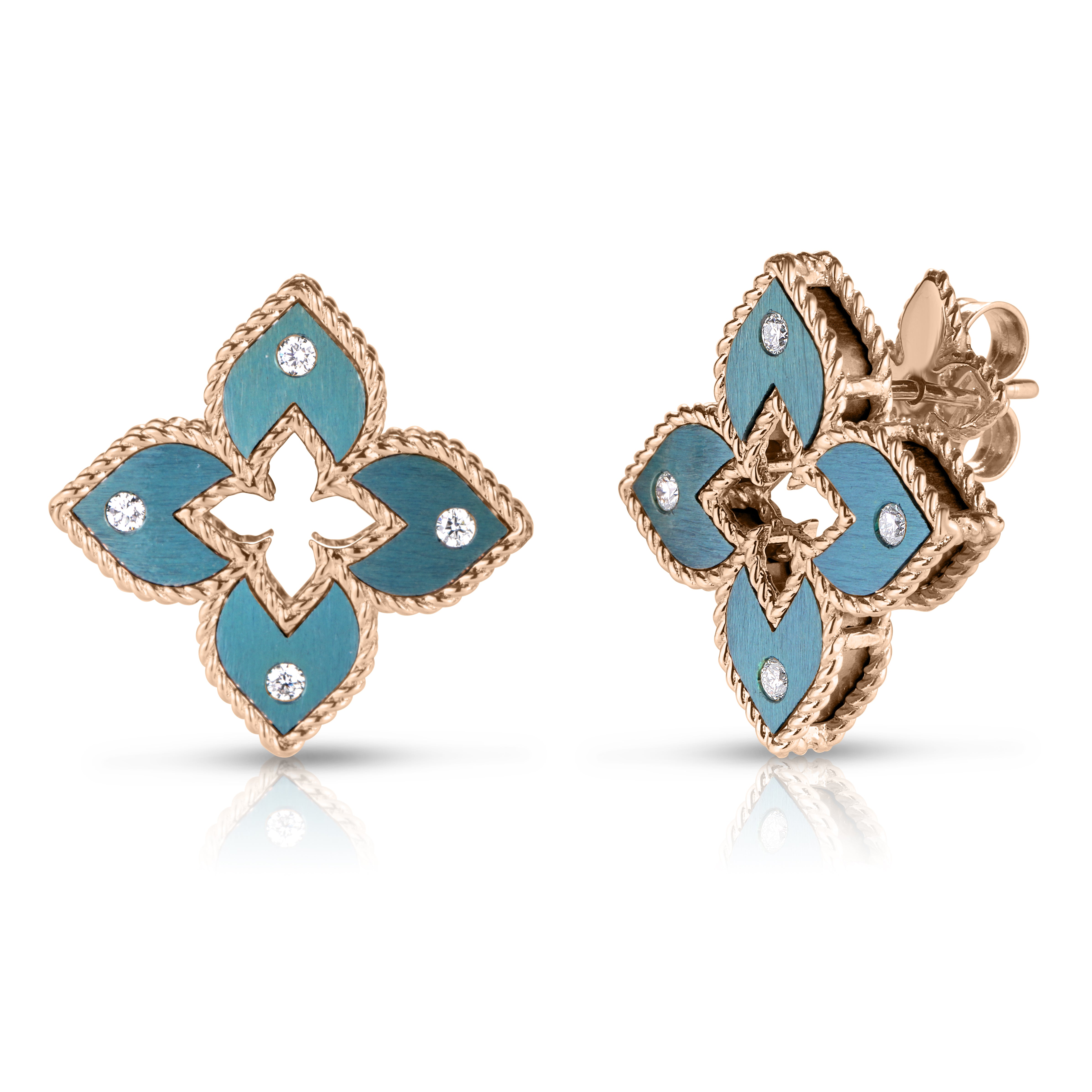 18K ROSE GOLD VENETIAN PRINCESS MINI DIAMOND & GREEN TITANIUM FLOWER STUD EARRINGS