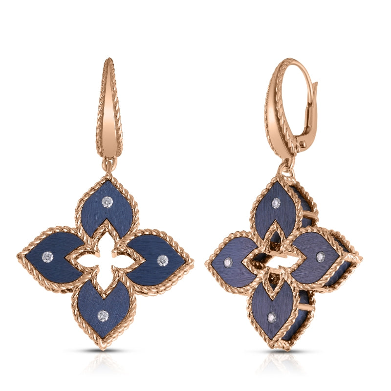 18K ROSE GOLD VENETIAN PRINCESS SMALL DIAMOND & BLUE TITANIUM FLOWER DROP EARRINGS