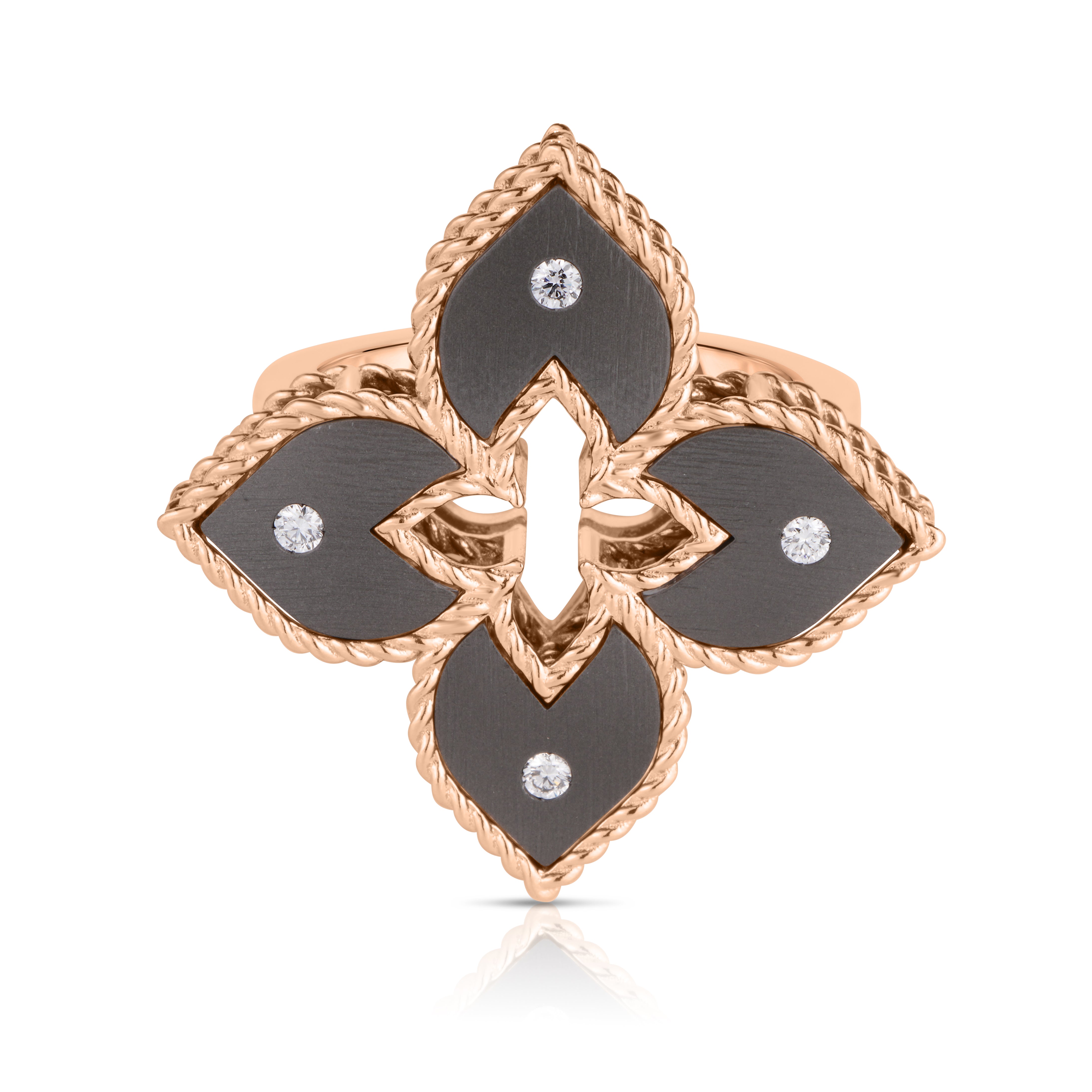 18K ROSE GOLD VENETIAN PRINCESS SMALL DIAMOND & GRAY TITANIUM FLOWER RING