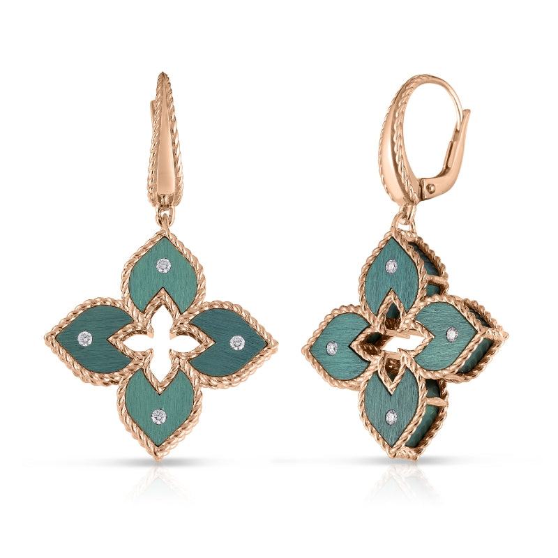 18K ROSE GOLD VENETIAN PRINCESS SMALL DIAMOND & GREEN TITANIUM FLOWER DROP EARRINGS