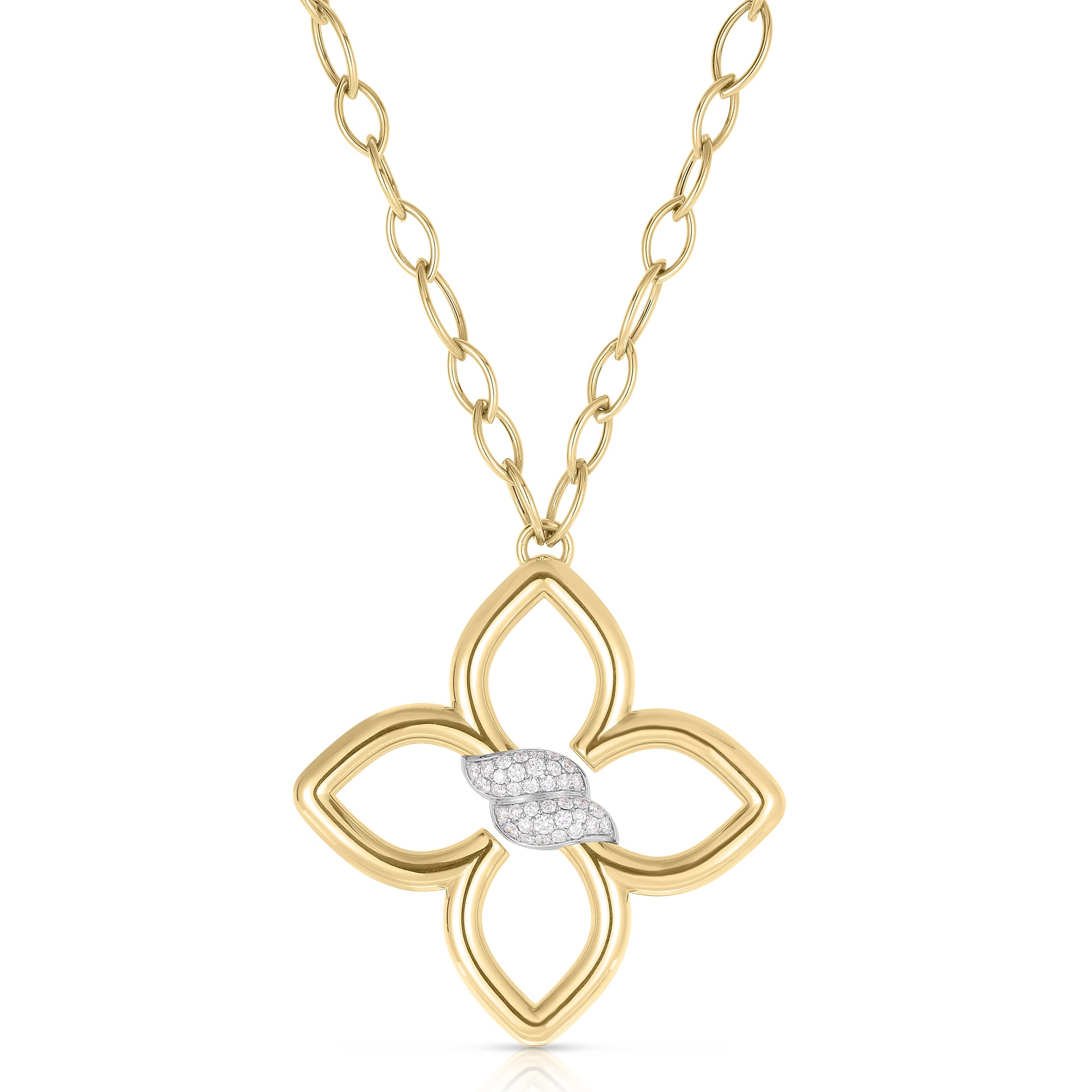 18K YELLOW/WHITE GOLD CIALOMA LARGE DIAMOND FLOWER ALMOND LINK LONG NECKLACE