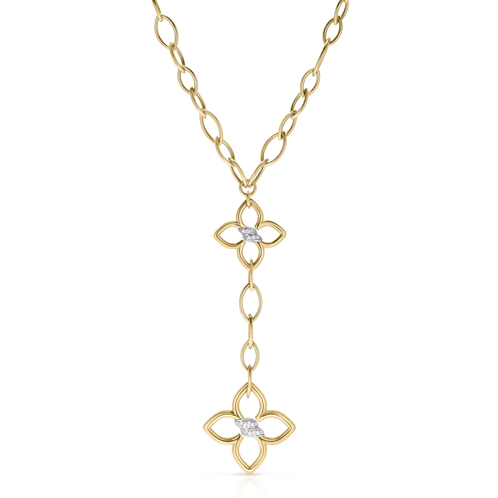 18K YELLOW/WHITE GOLD CIALOMA DOUBLE DIAMOND FLOWER ALMOND LINK DANGLE NECKLACE