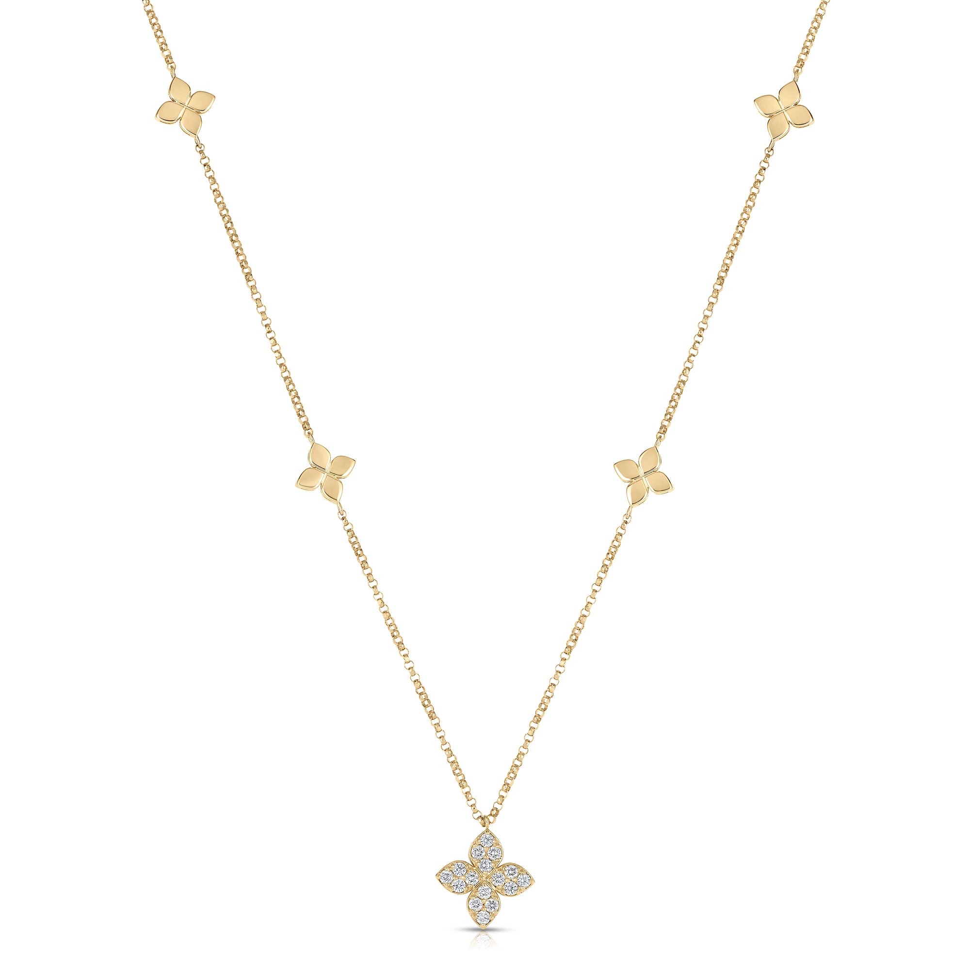 18K YELLOW GOLD LOVE BY THE INCH DIAMOND & POLISHED FLOWER STATION NECKLACE