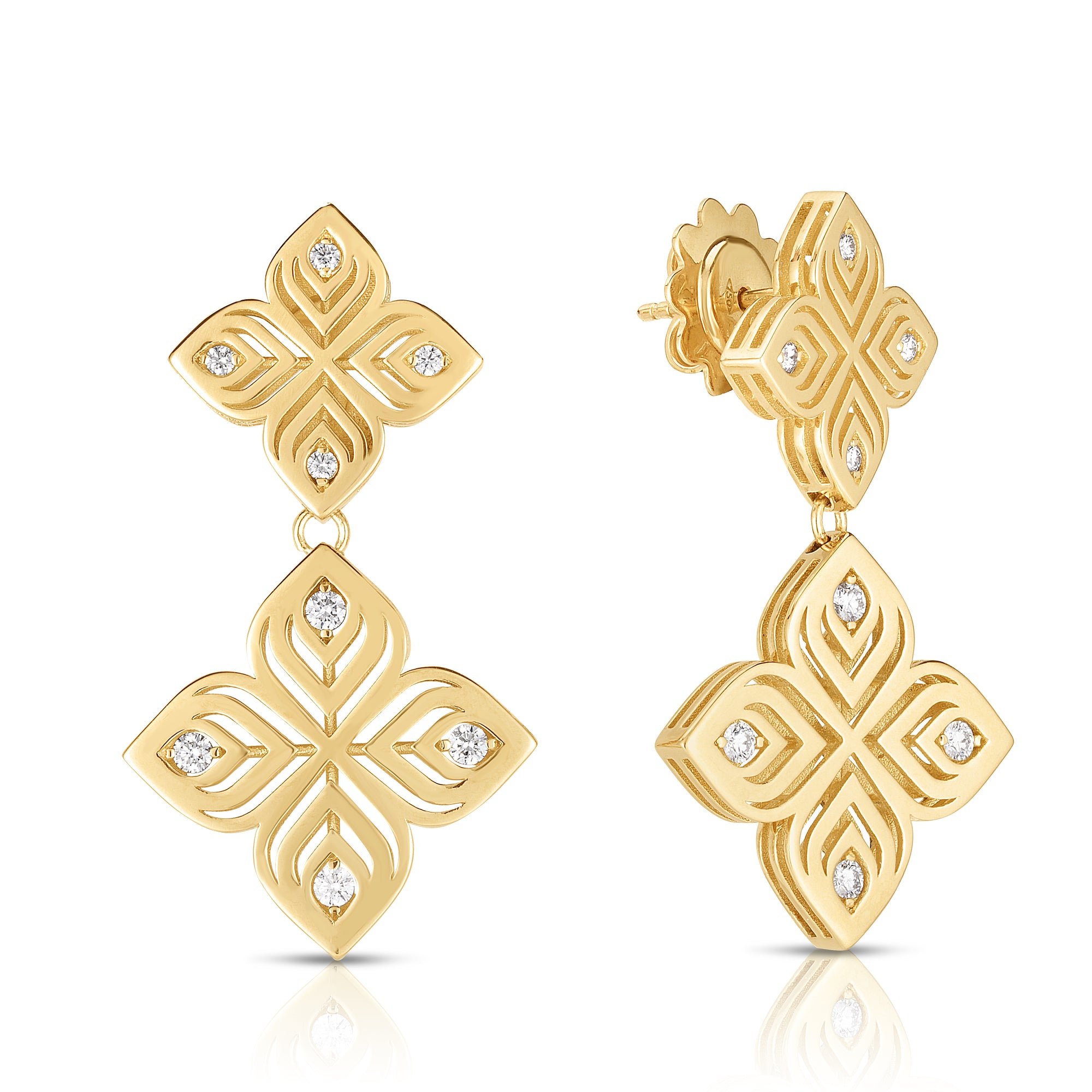 18K YELLOW GOLD ARABESQUE DOUBLE DIAMOND FLOWER DANGLE EARRINGS