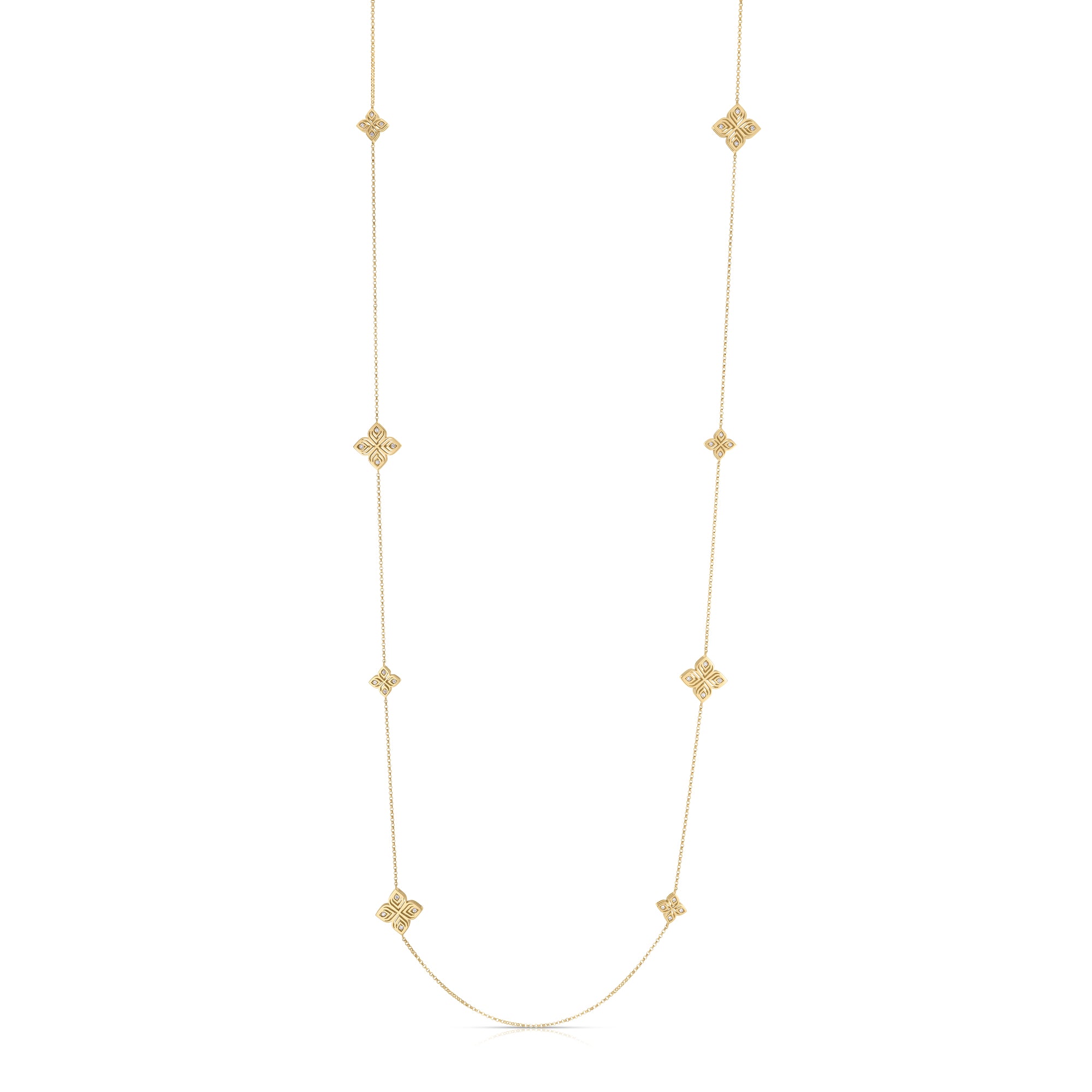 18K YELLOW GOLD ARABESQUE ALTERNATING DIAMOND FLOWER STATION LONG NECKLACE