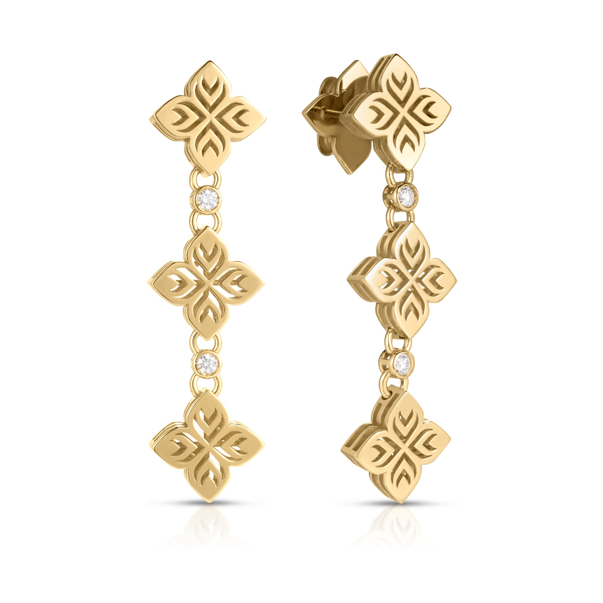 18K YELLOW GOLD ARABESQUE ALTERNATING DIAMOND & TRIPLE FLOWER DROP EARRINGS