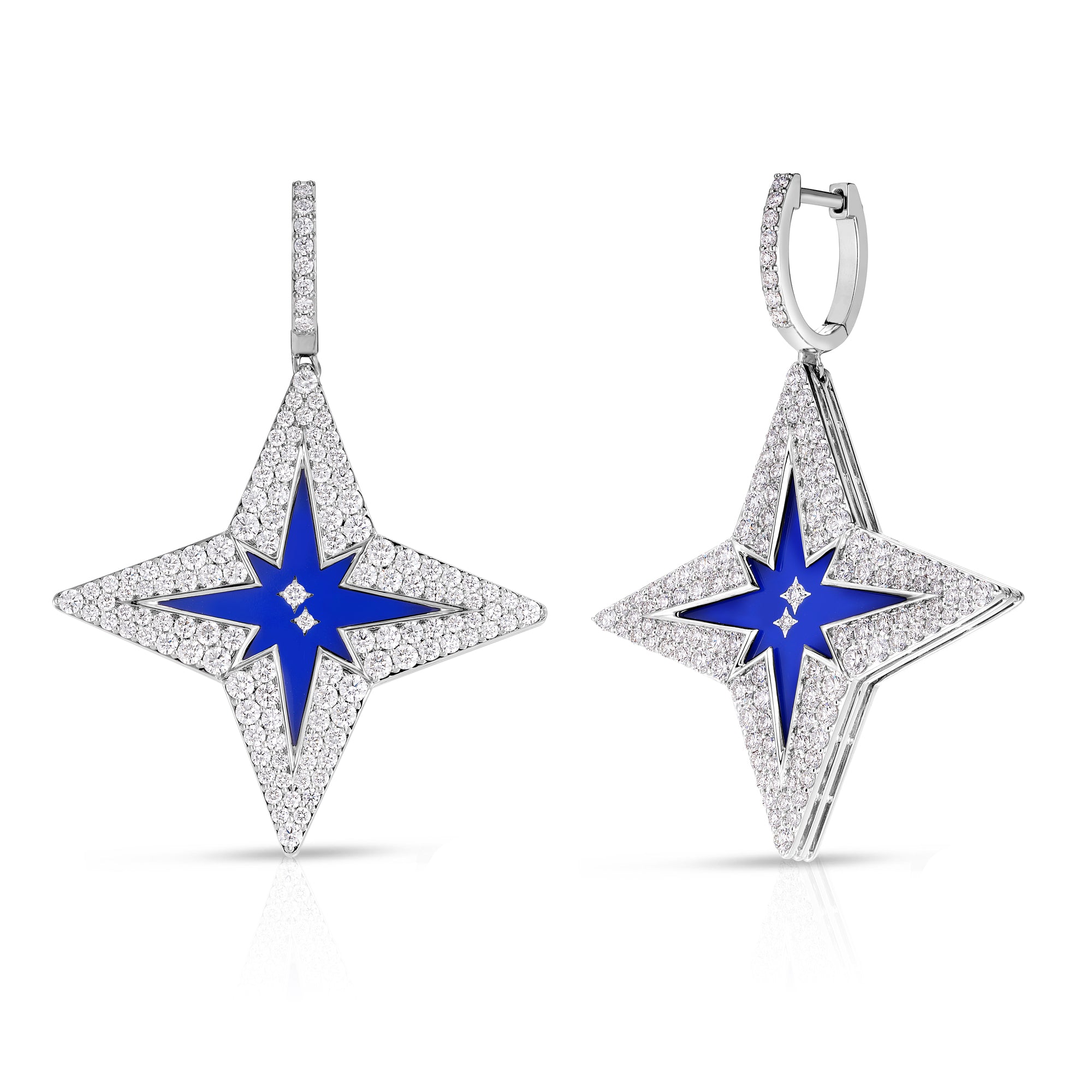 18K WHITE GOLD STARDUST LARGE PAVE DIAMOND & BLUE CERAMIC STAR DROP EARRINGS