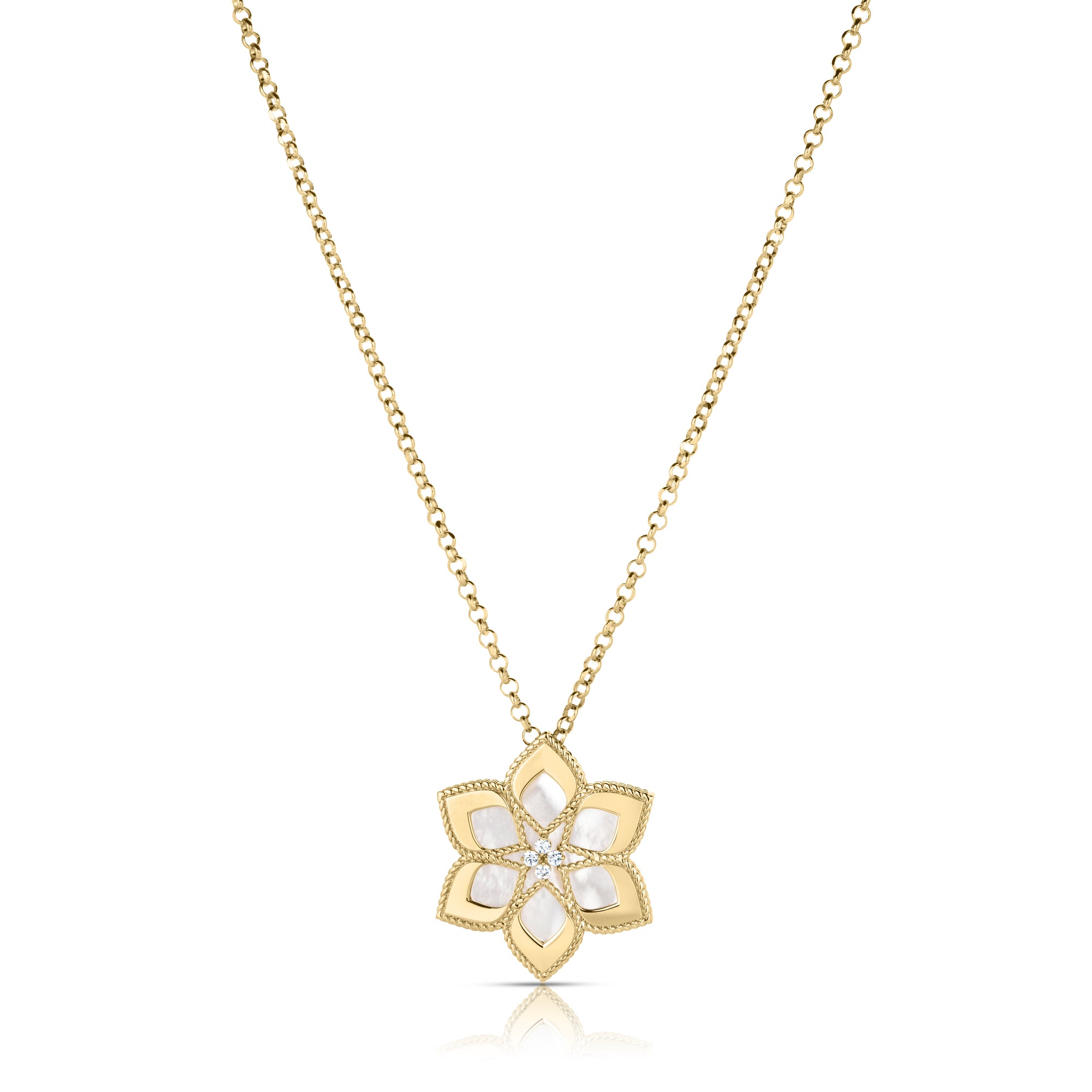 18K YELLOW GOLD VERNAZZA DIAMOND & MOTHER OF PEARL FLOWER LONG NECKLACE