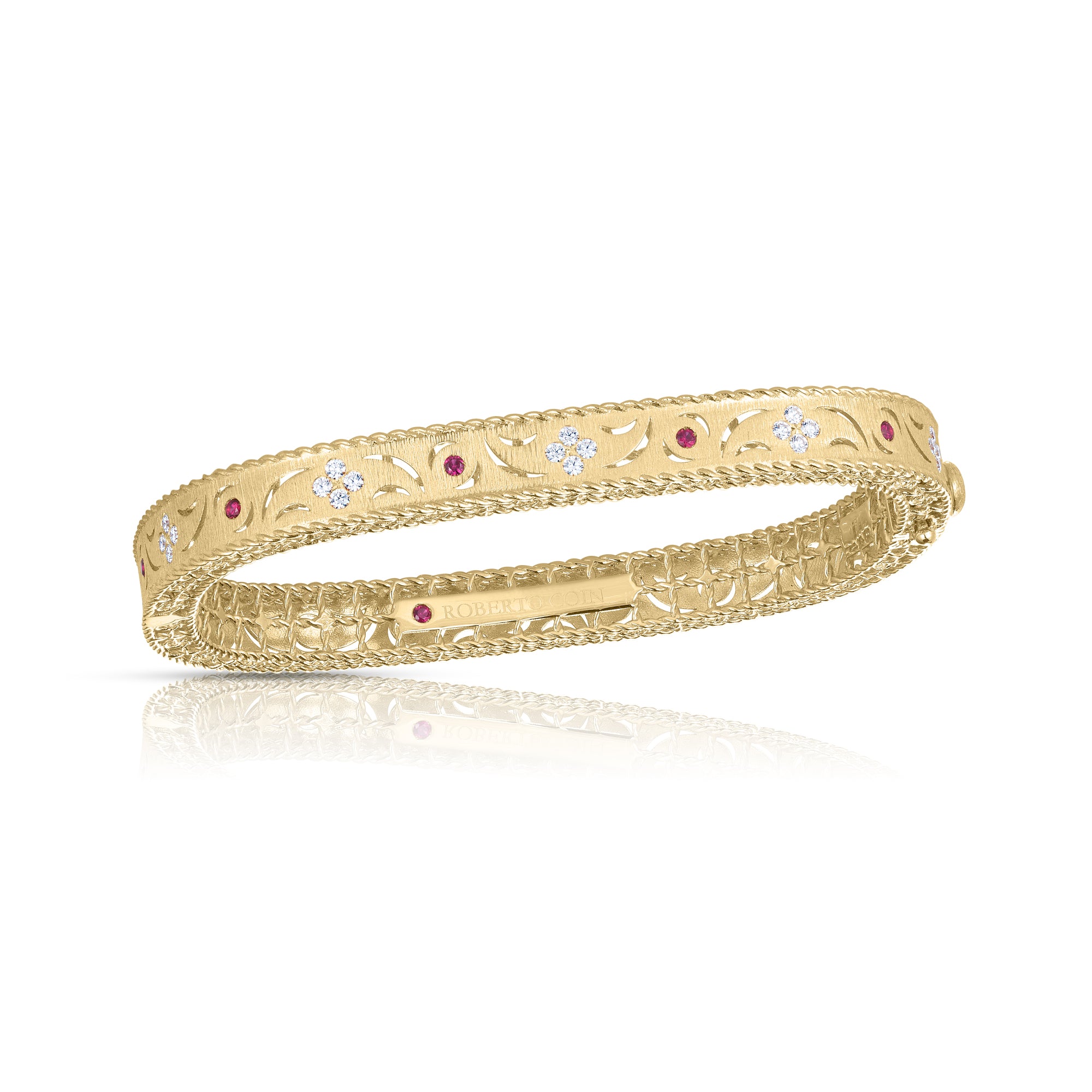 18K YELLOW GOLD PRINCESS DIAMOND & RUBY SATIN FINISH BANGLE