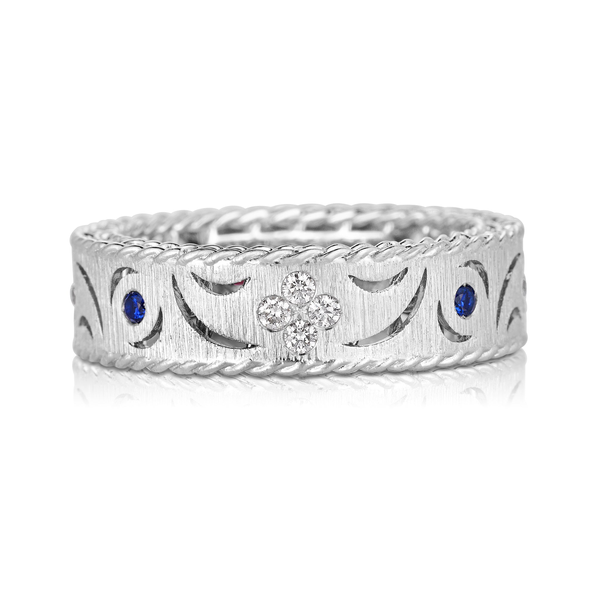 18K WHITE GOLD PRINCESS DIAMOND & BLUE SAPPHIRE SATIN FINISH RING