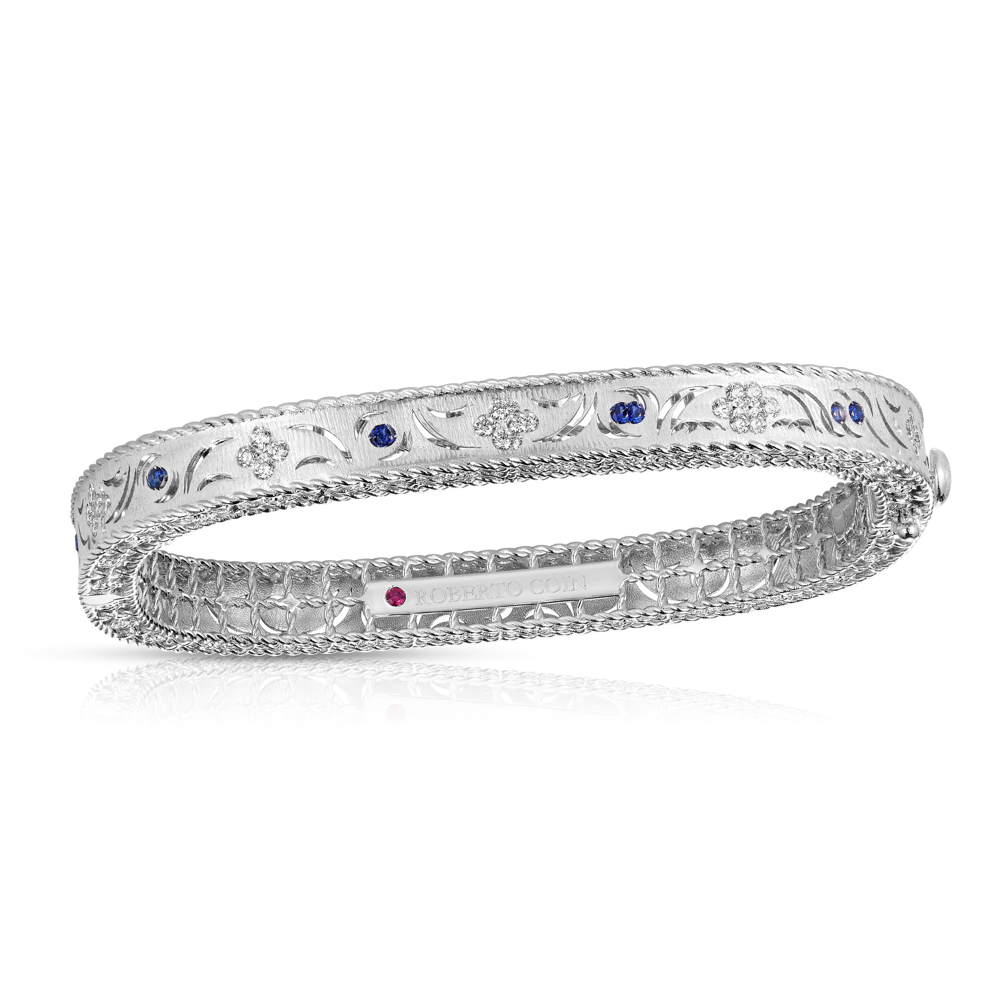 18K WHITE GOLD PRINCESS DIAMOND & BLUE SAPPHIRE SATIN FINISH BANGLE